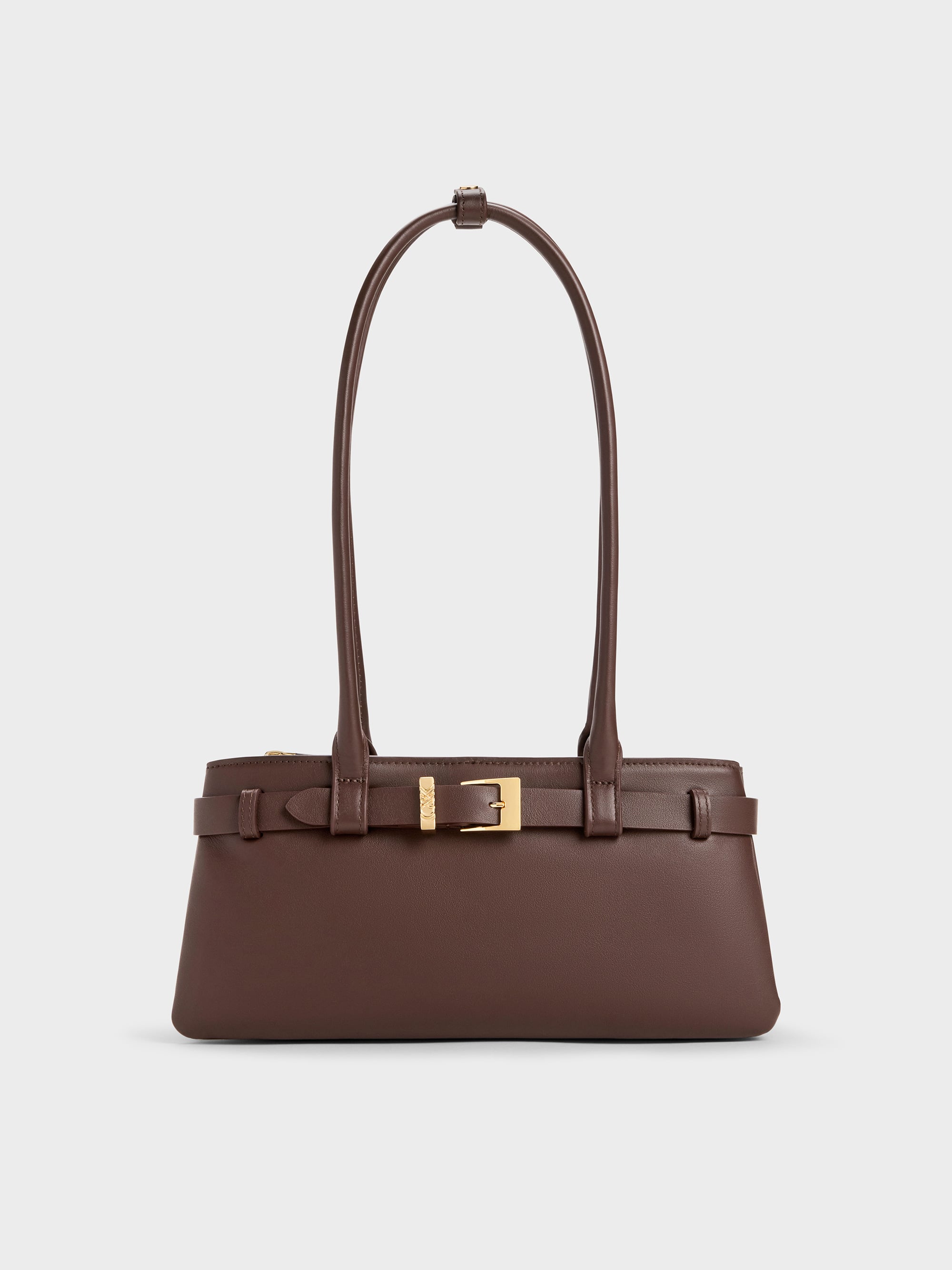 Jody Leather Belted Shoulder Bag - Dark Brown - CHARLES & KEITH US