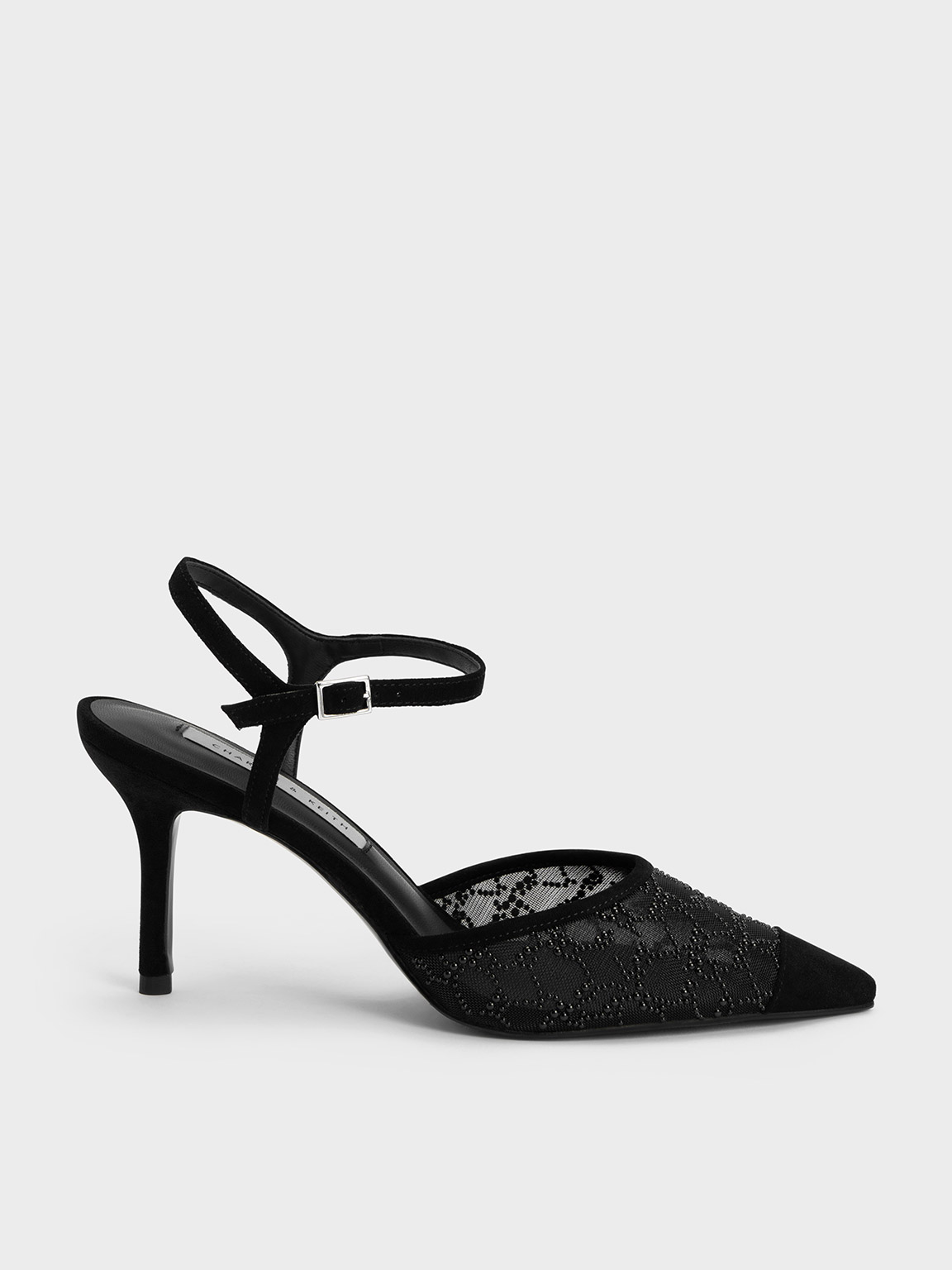Black Beaded Mesh Ankle Strap Pumps | CHARLES & KEITH