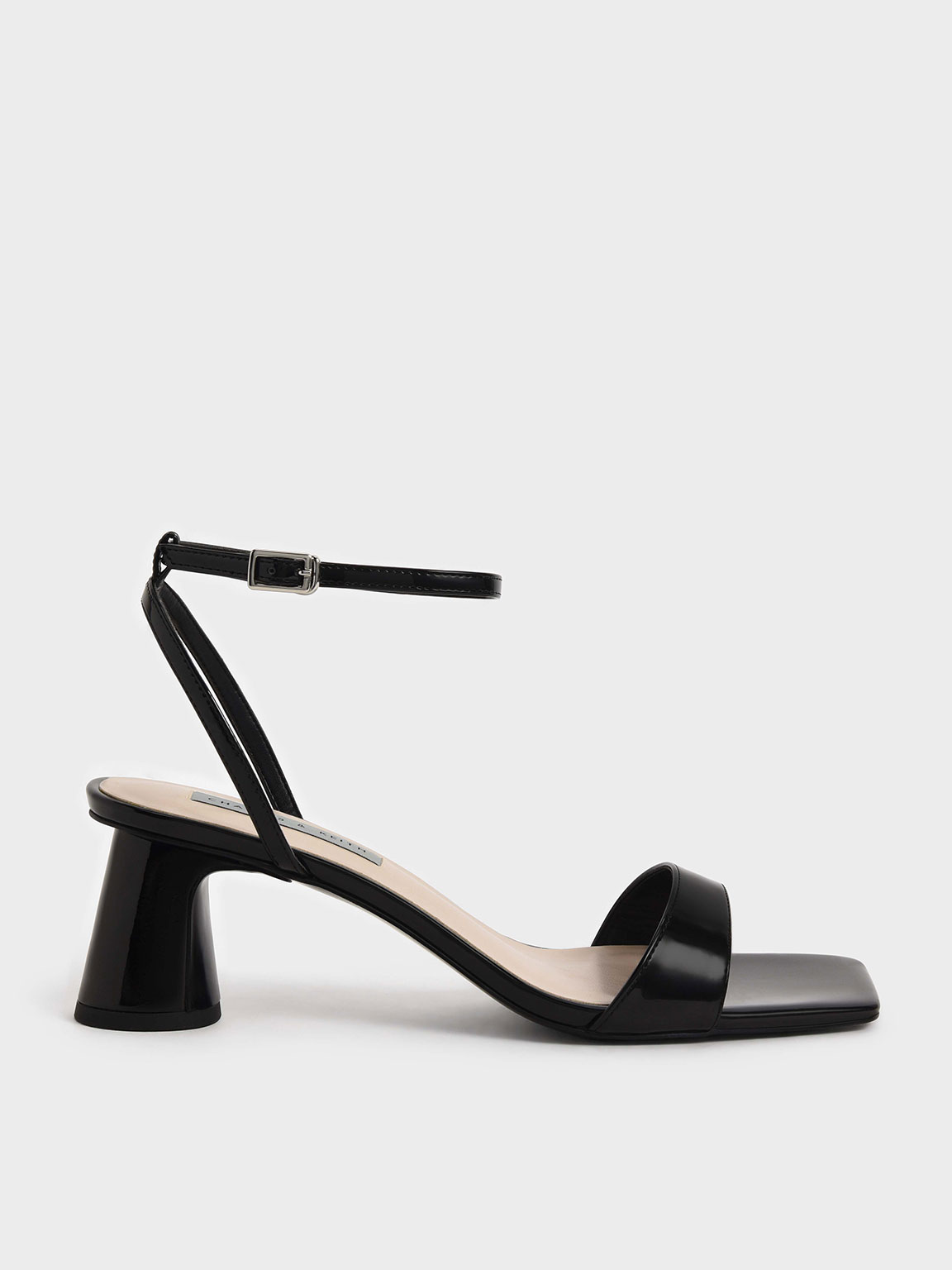 Black Patent Ankle-Strap Cylindrical Heel Sandals - CHARLES & KEITH SG