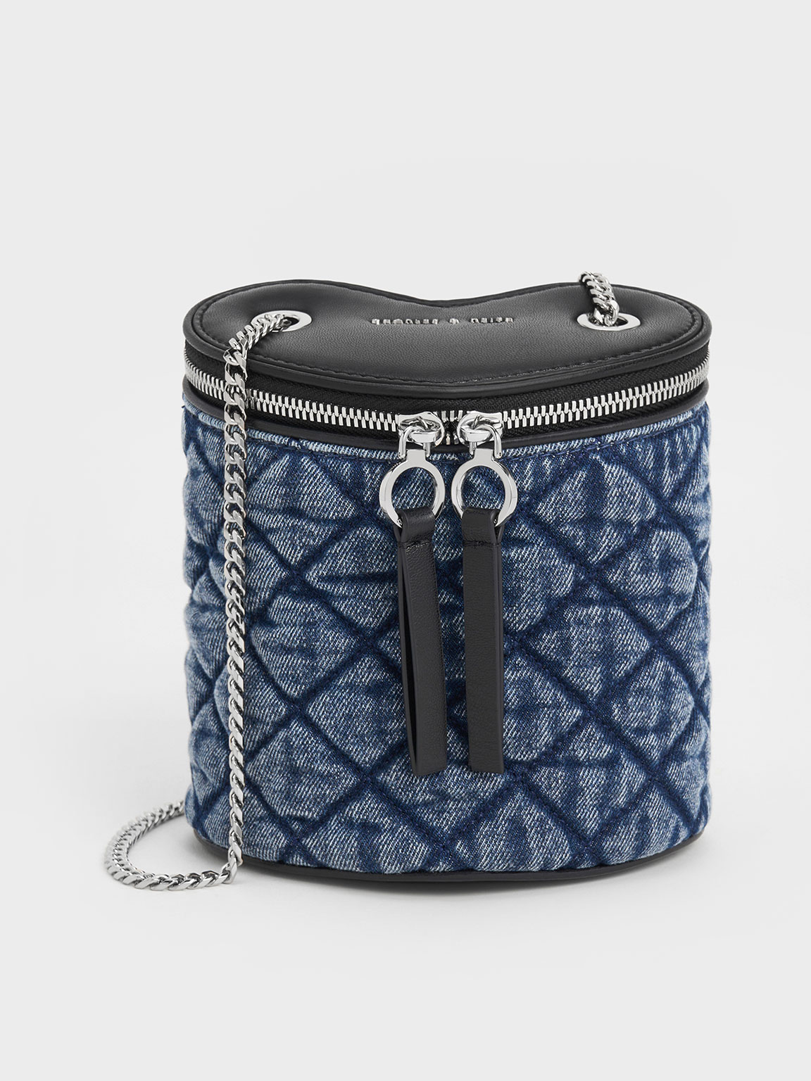 Charles & Keith Philomena Denim Quilted Heart Cylindrical Bag In Denim Blue