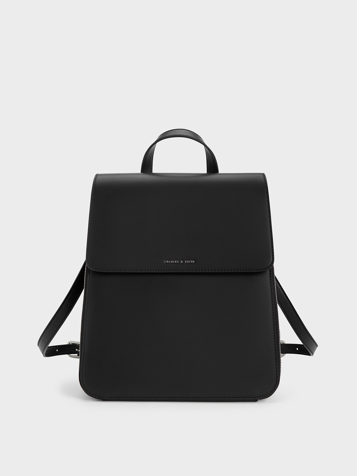 Black Front Flap Structured Backpack - CHARLES & KEITH MO
