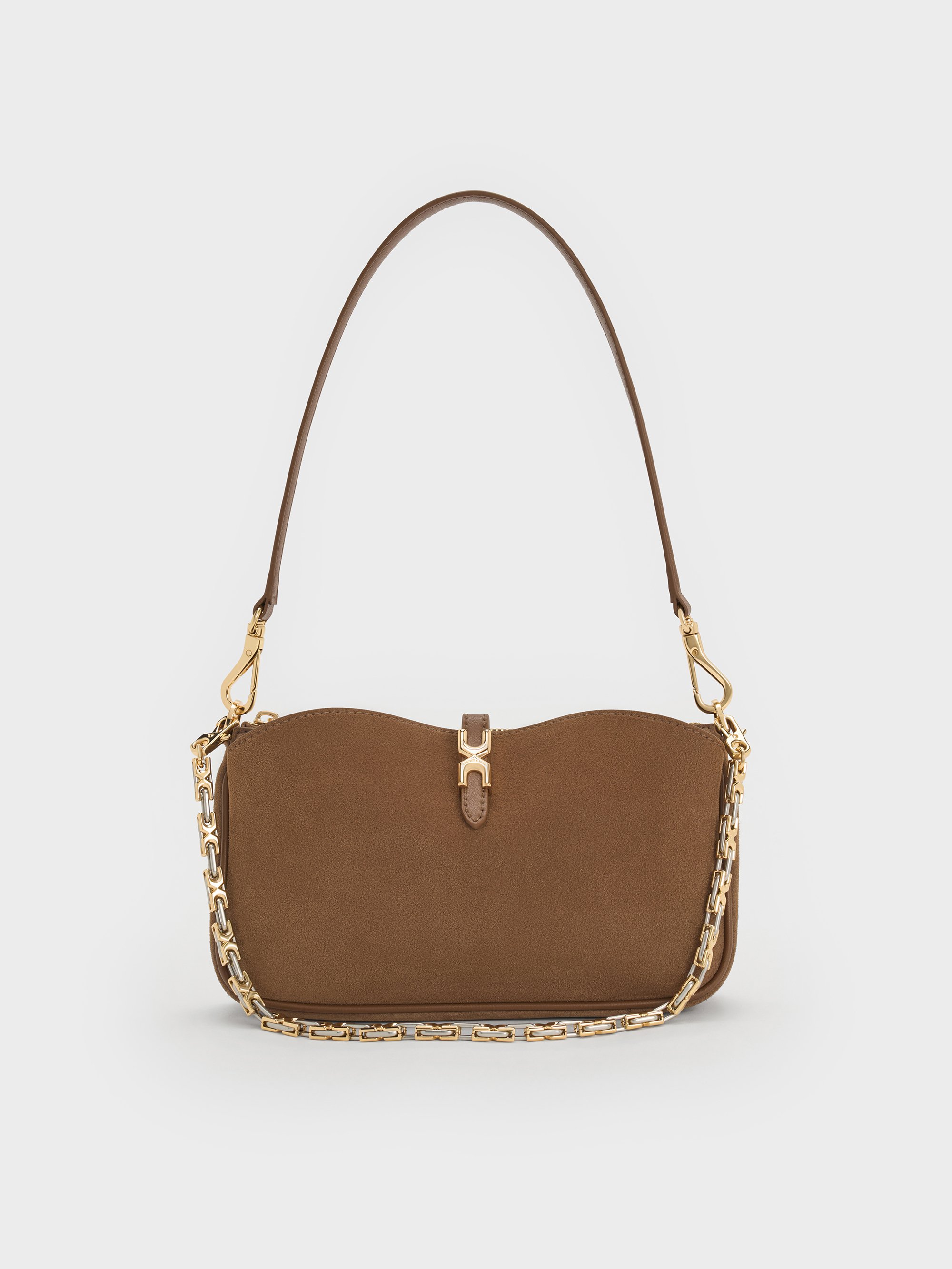 Charles & Keith - Adalyn Recycled Suede Metallic-buckle Chain-handle Shoulder Bag In Brown