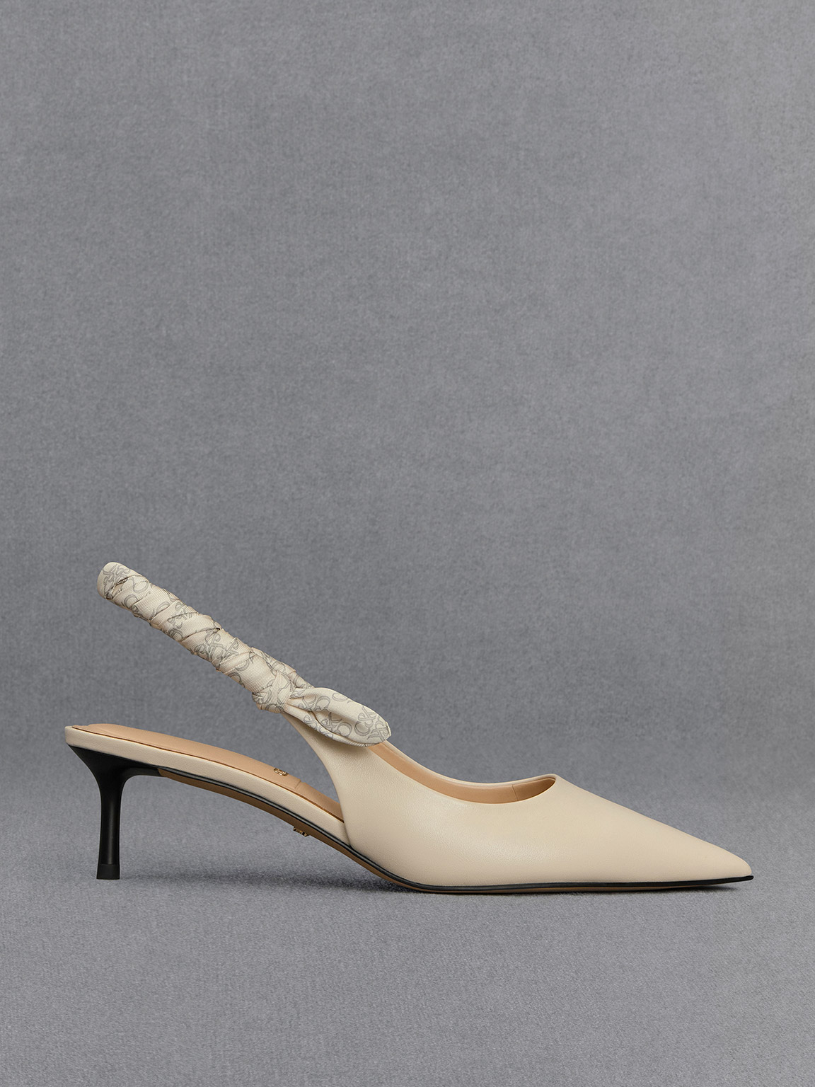 Chalk Leather Ruched-Strap Slingback Pumps | CHARLES & KEITH