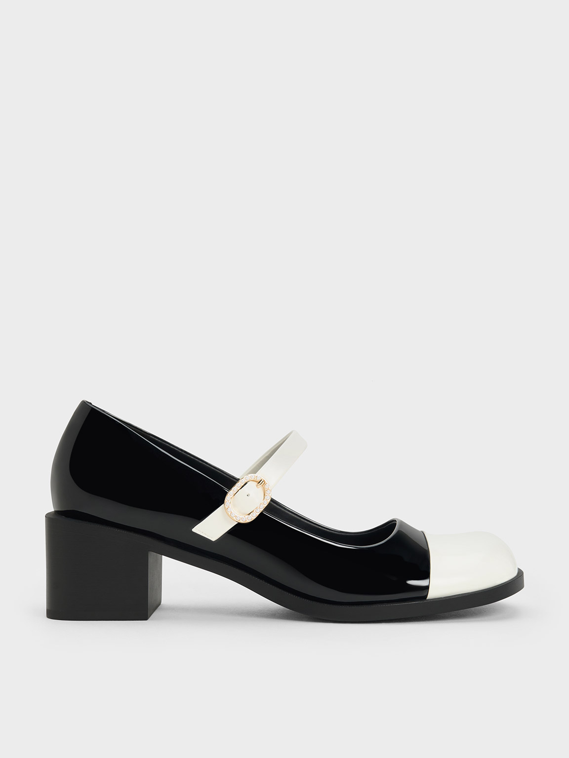 Black Patent Patent Crystal-Embellished Buckle Two-Tone Mary Janes | CHARLES & KEITH