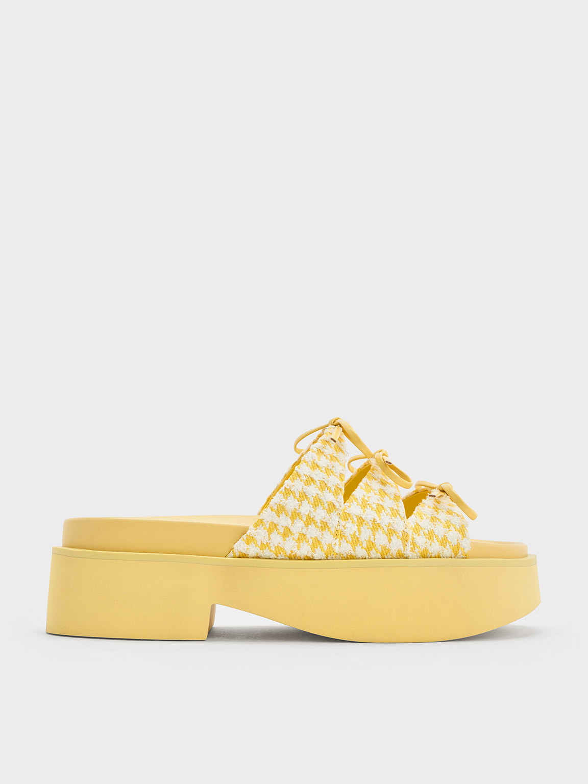 Shop Charles & Keith - Dorri Houndstooth Triple-bow Platform Sandals In Yellow