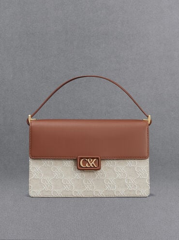 Cognac Leather Canvas Two Tone Shoulder Bag CHARLES KEITH PH