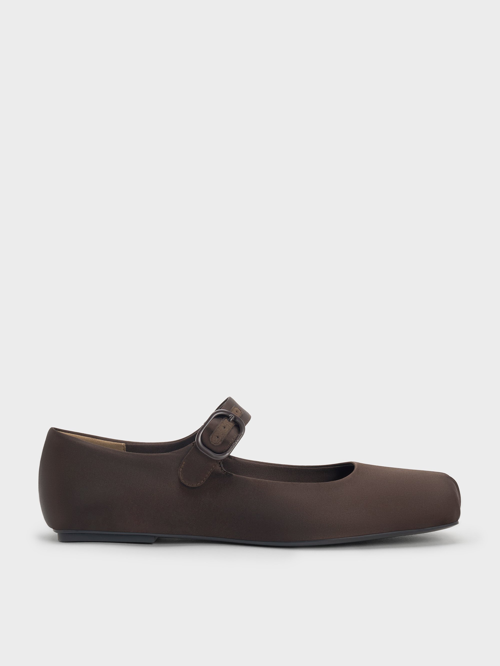 Charles & Keith - Satin Buckled Square-toe Mary Jane Flats In Brown