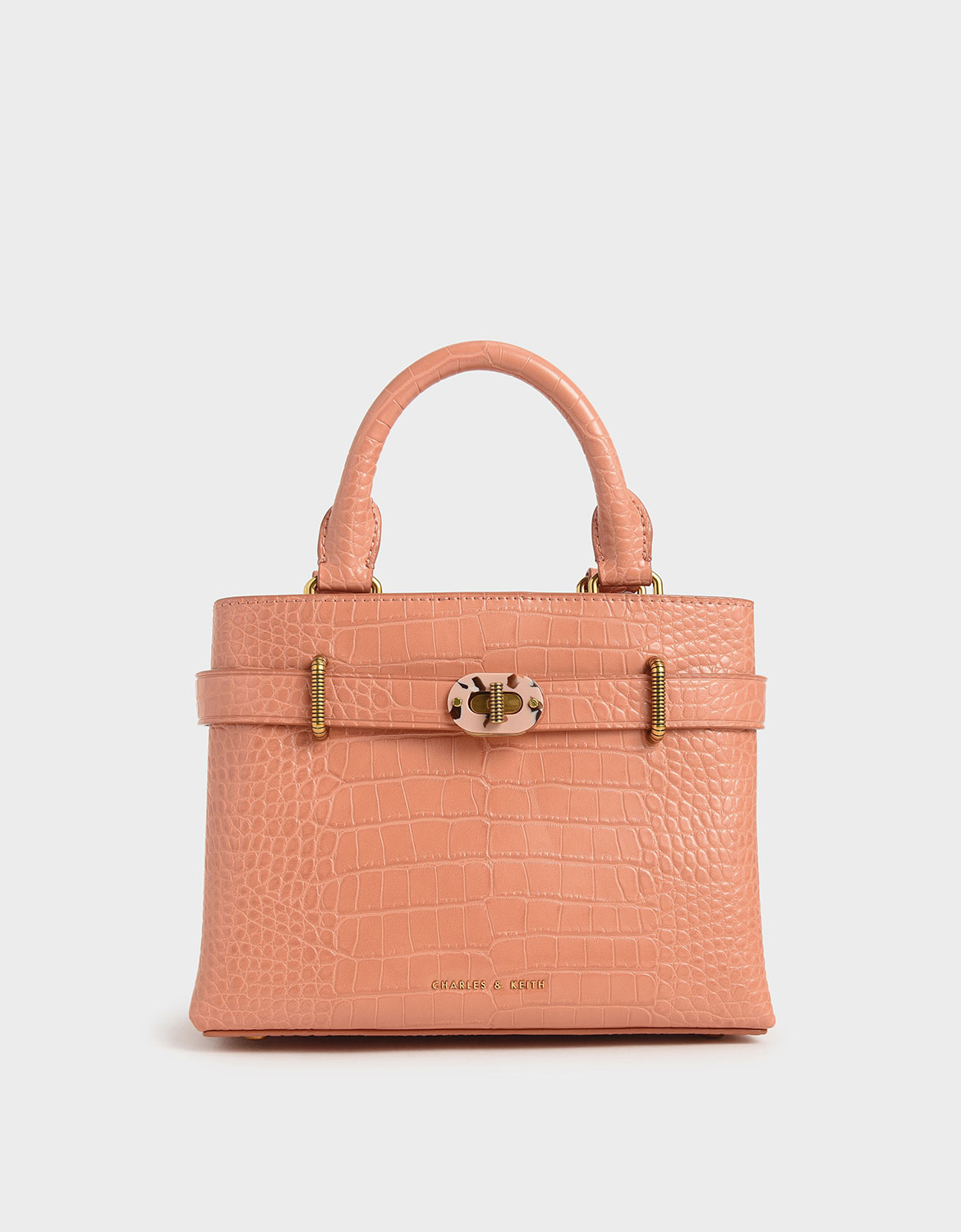 Peach Croc Effect Turn Lock Tote Bag CHARLES  KEITH  US