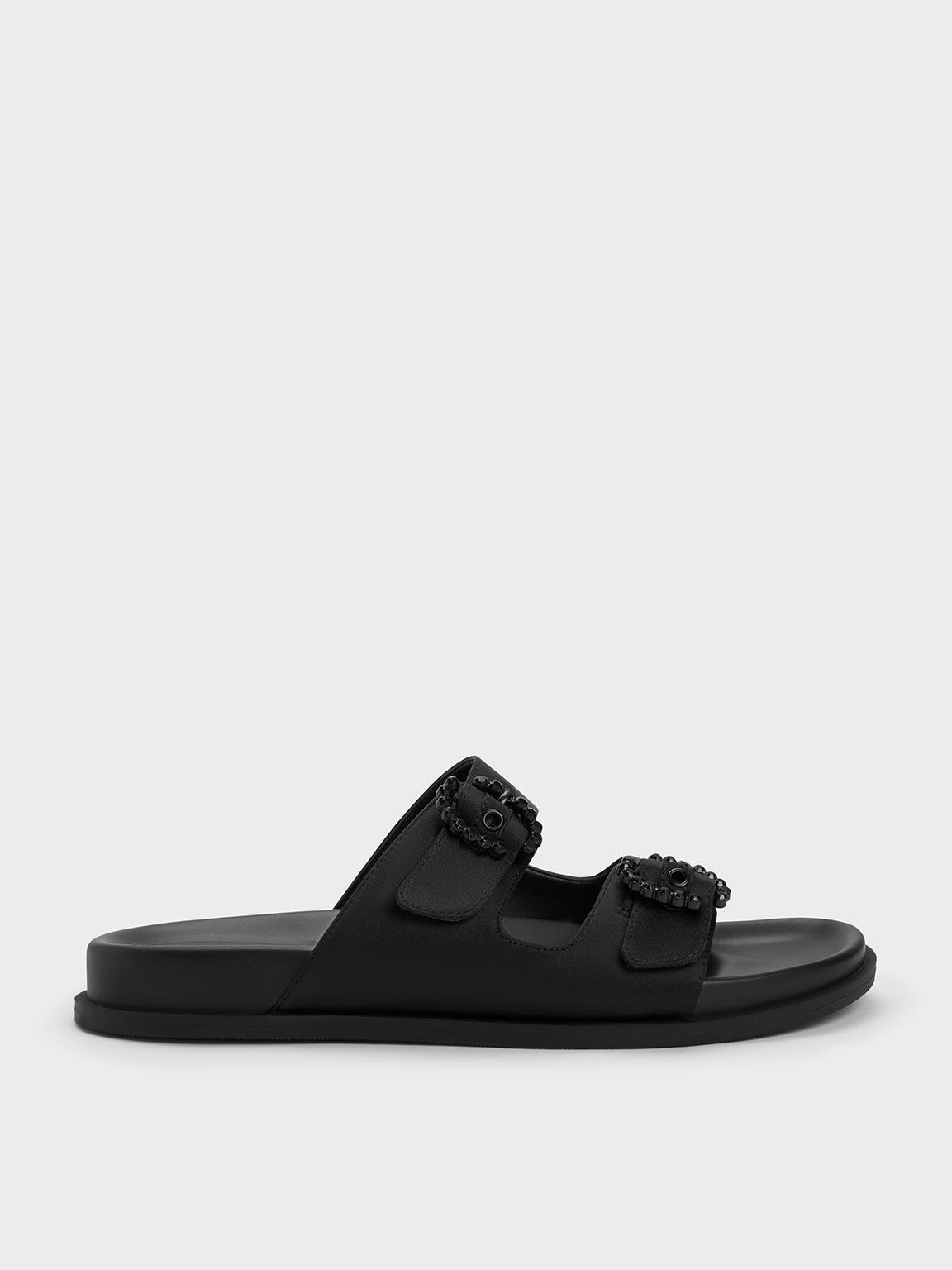 Black Embellished Buckle Recycled Polyester Sandals - CHARLES & KEITH SG