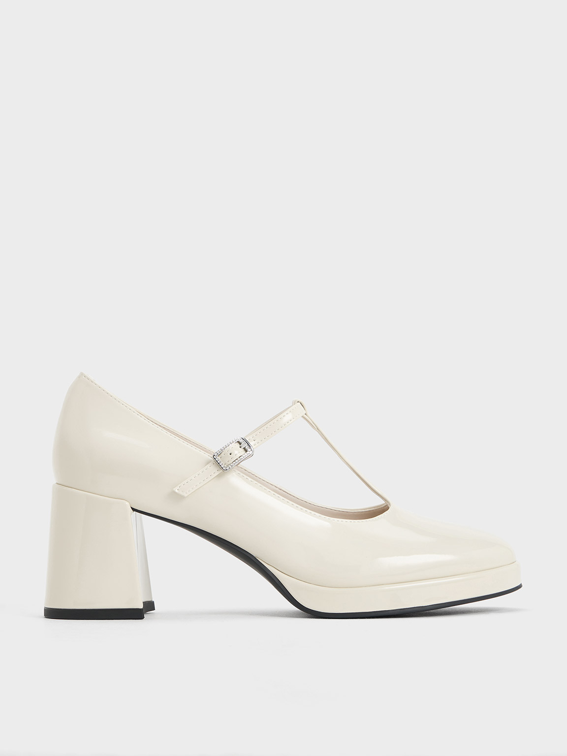 Charles & Keith Crystal-buckle T-bar Mary Jane Pumps In Chalk