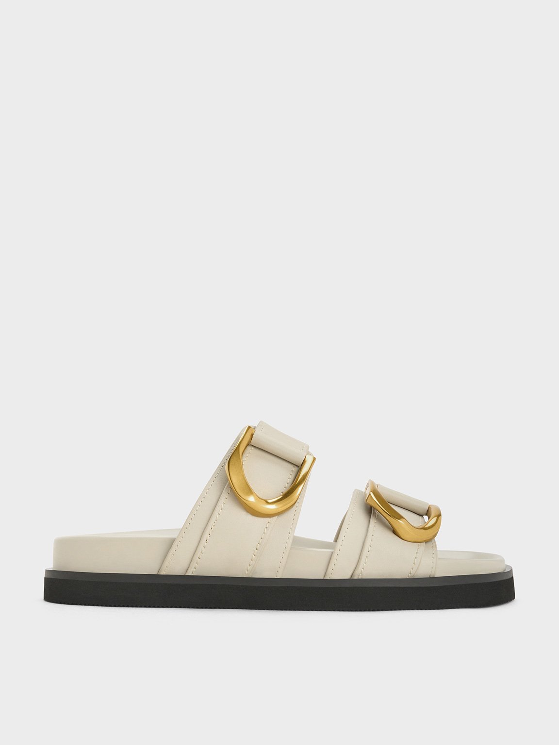 Charles & Keith - Gabine Buckled Leather Slides In Chalk