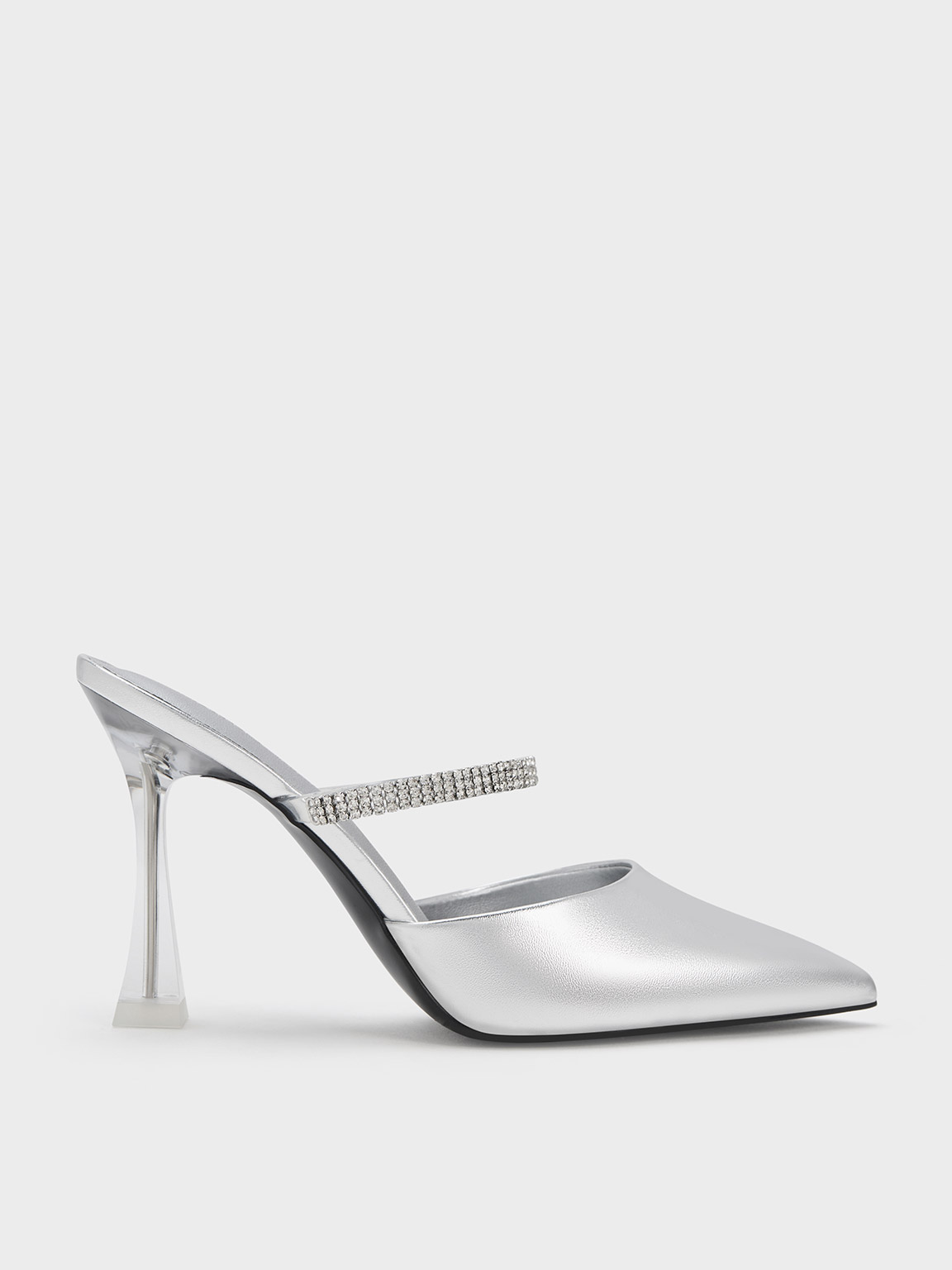 Charles & Keith Gem Strap Metallic Mules In Silver