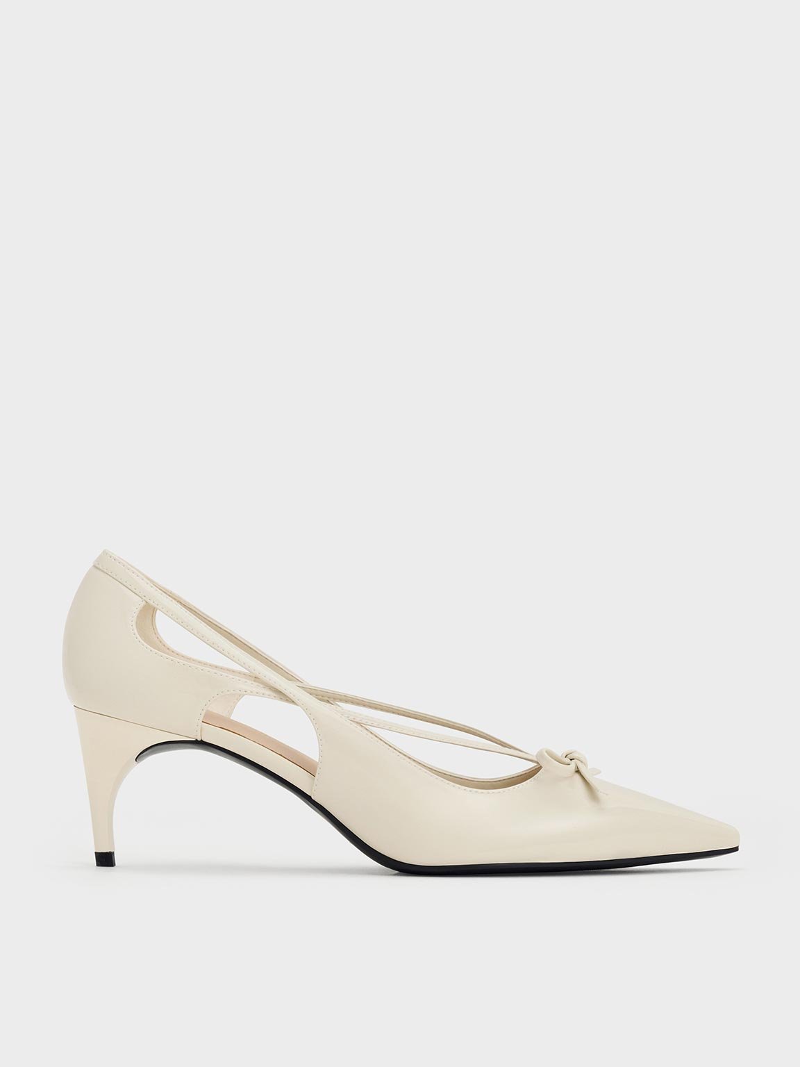 Charles & Keith - Patent Cut-out Bow Kitten-heel Pumps In Chalk