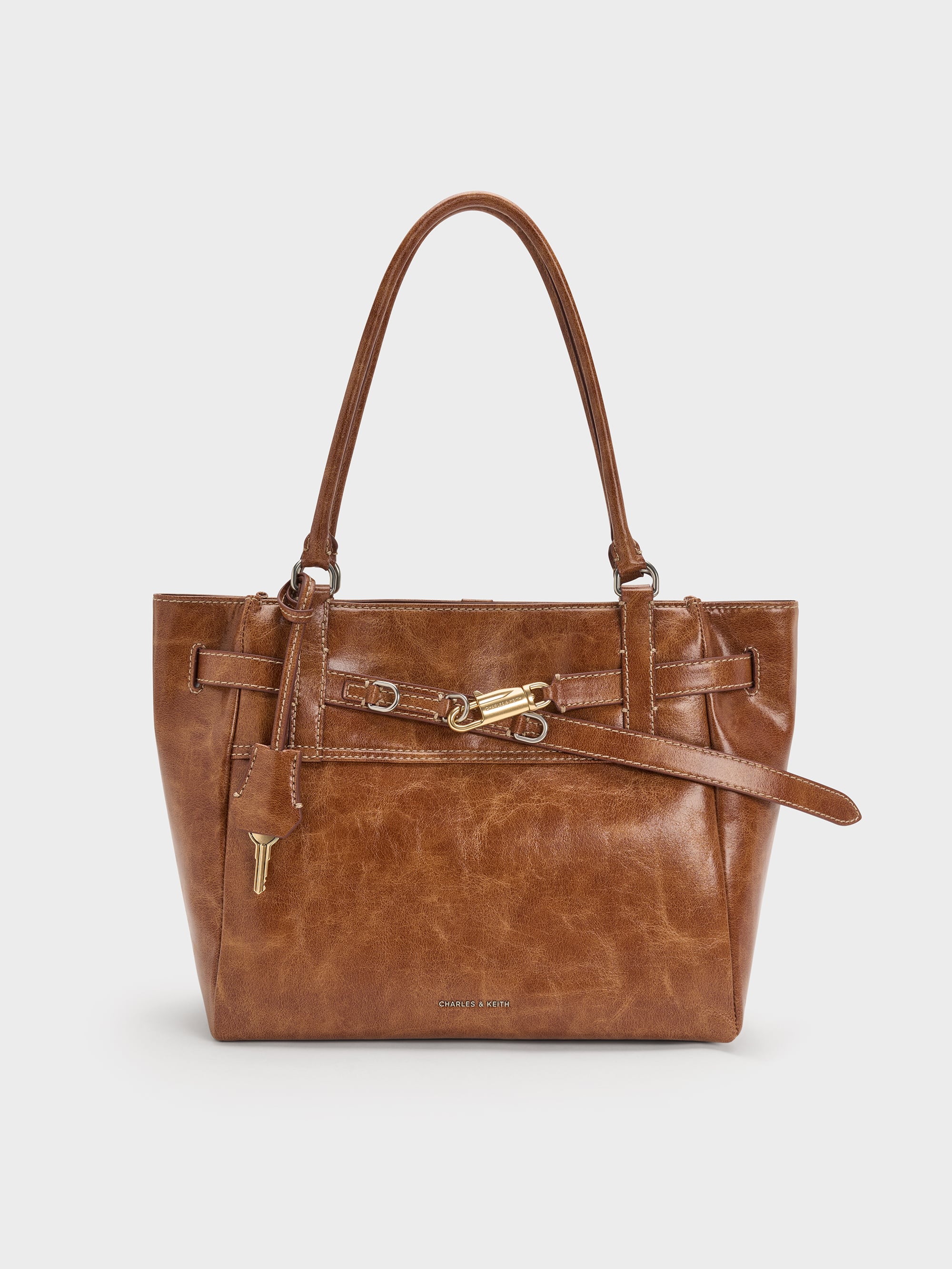 Delfina Belted Tote Bag - Distressed Tan - CHARLES & KEITH US