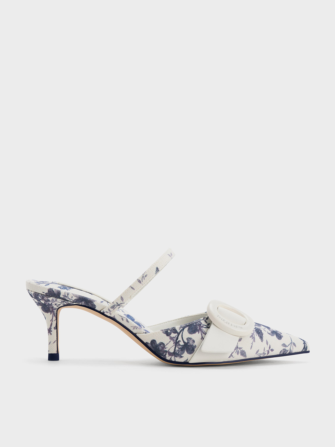 Dark Blue Oval-Buckle Floral-Print Pointed-Toe Mules - CHARLES & KEITH SG