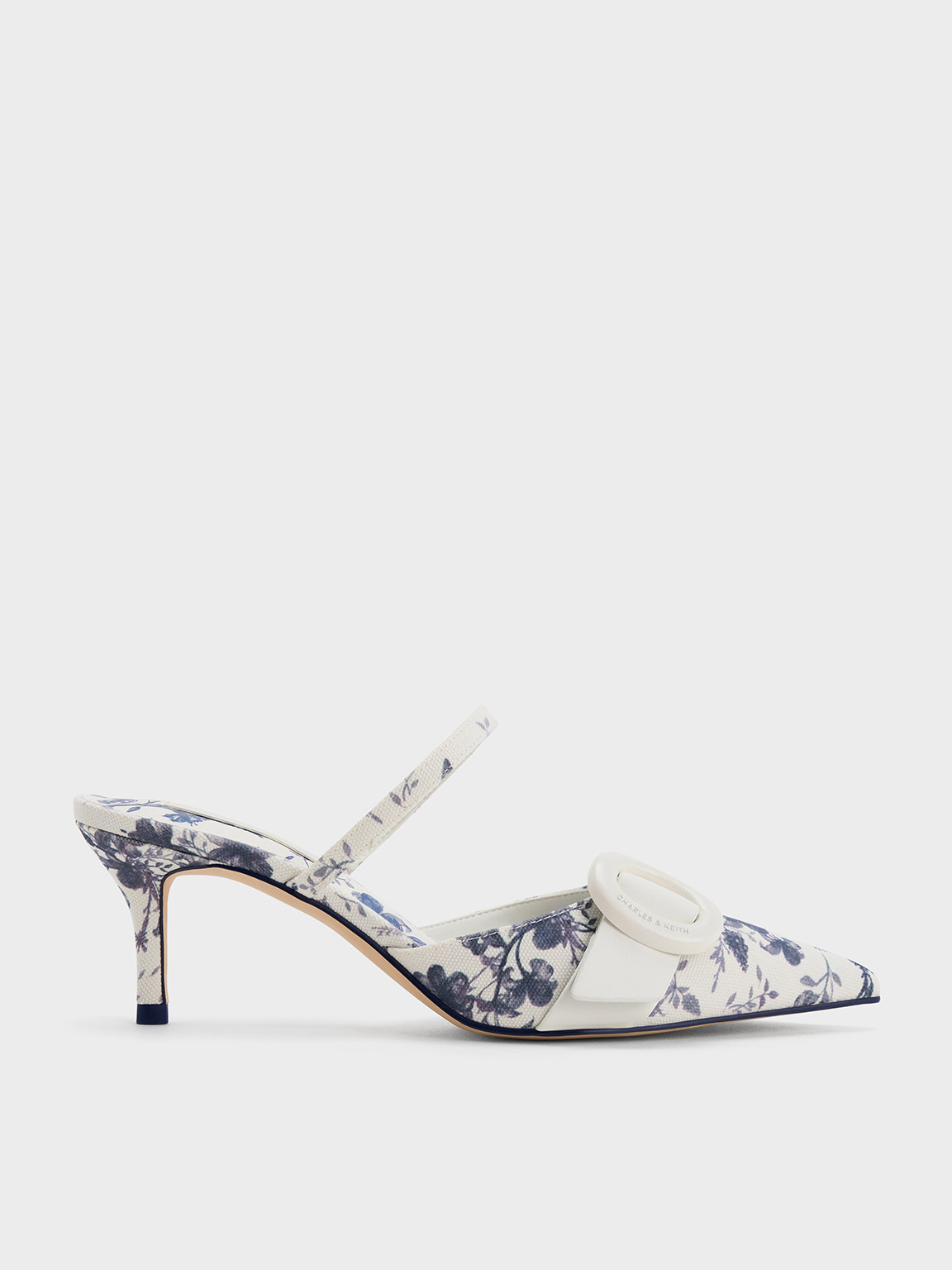 Oval-Buckle Floral-Print Pointed-Toe Mules - Dark Blue - CHARLES