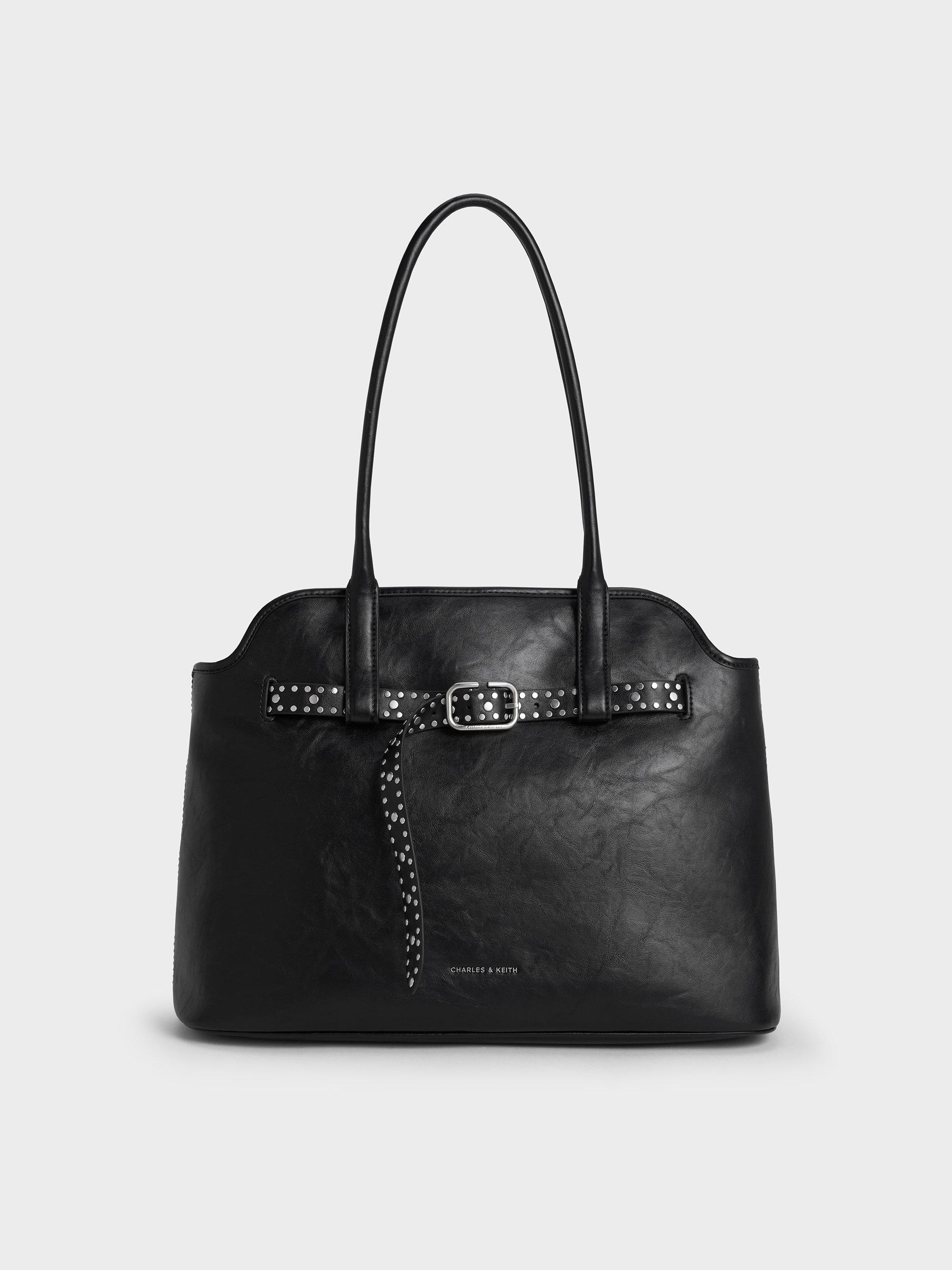 Charles & Keith - Victoria Studded Belted Trapeze Tote Bag In Black