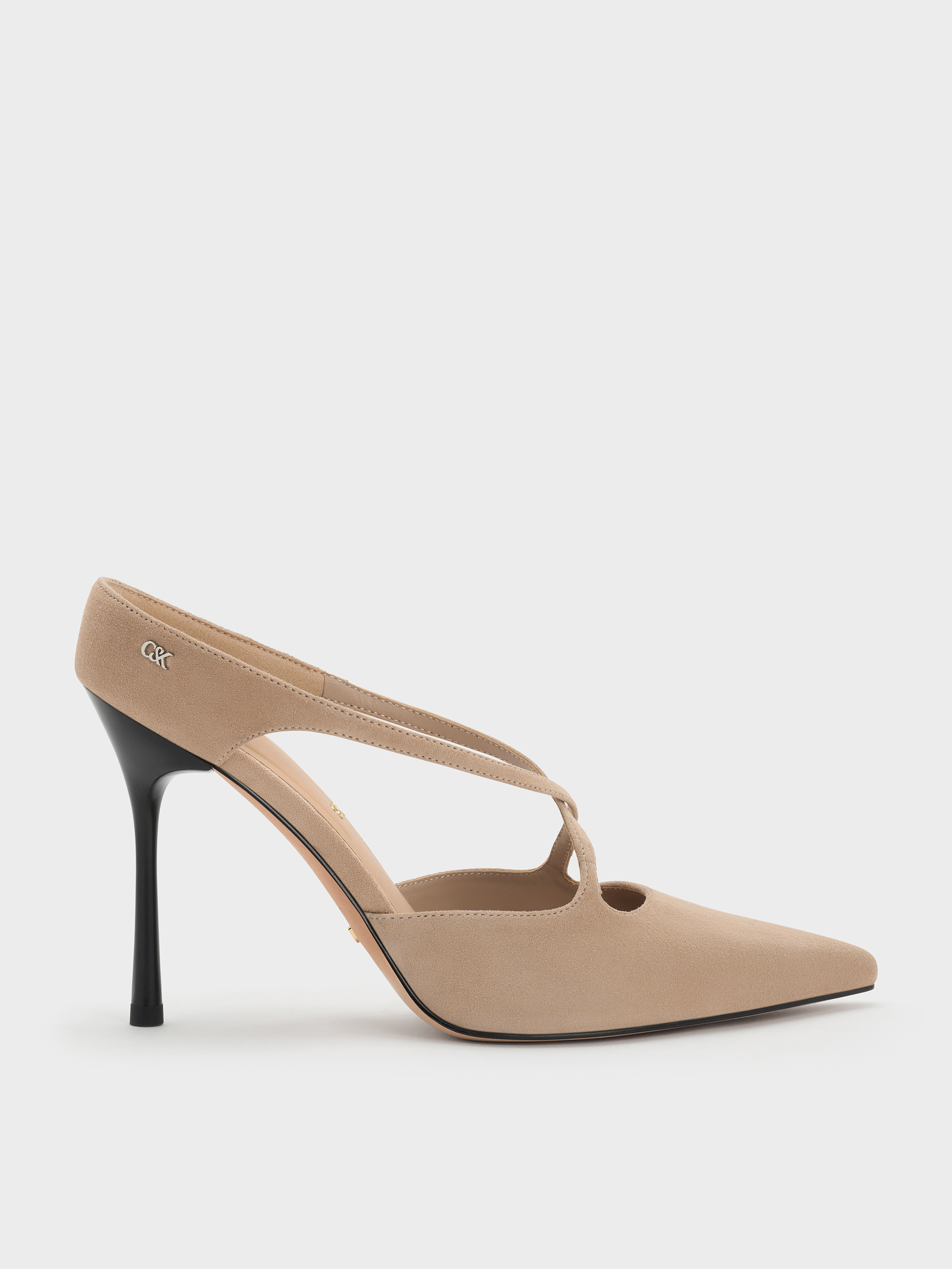 Charles & Keith - Kyra Suede Crossover-strap Stiletto-heel Mules In Nude