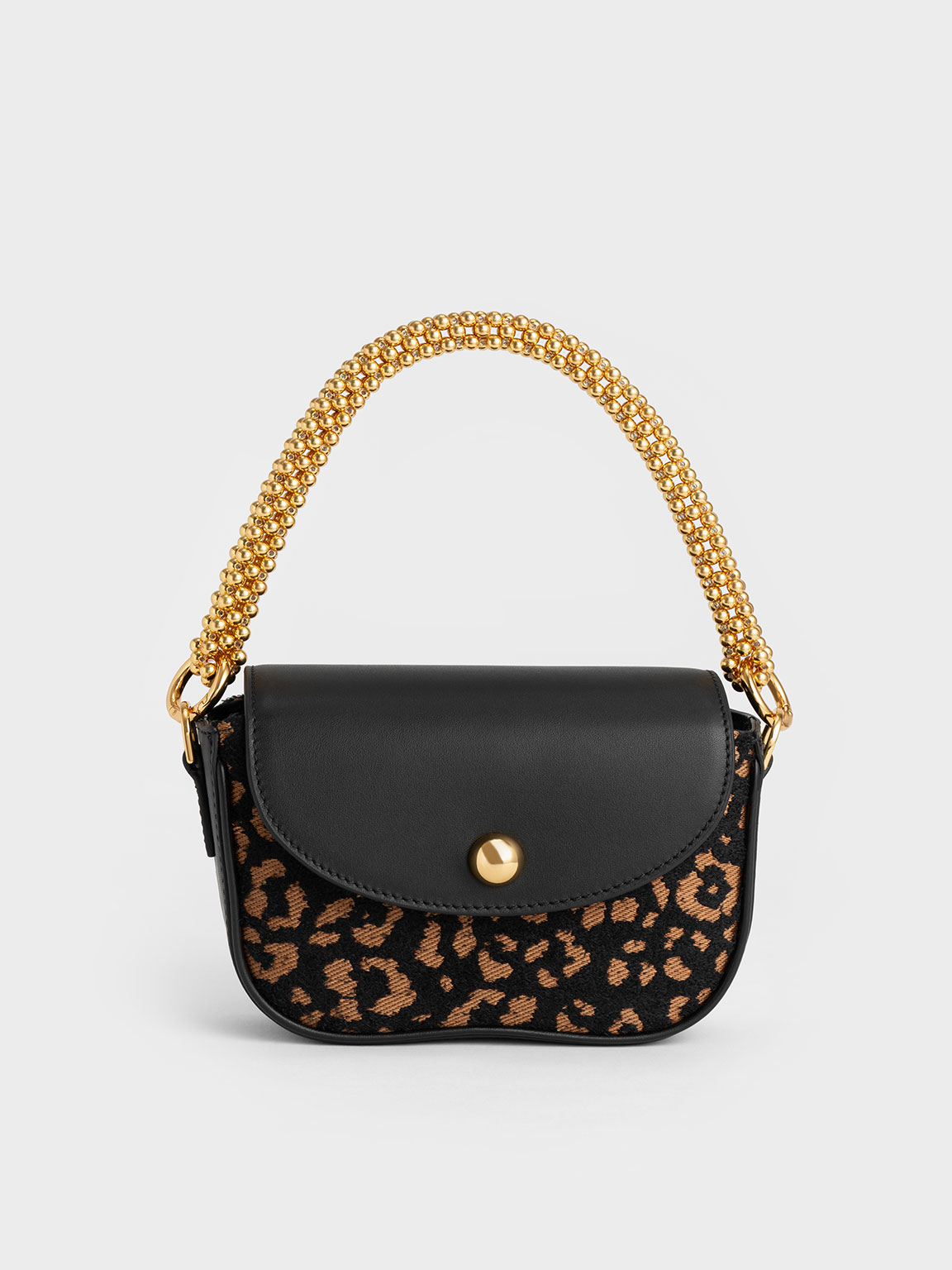 Animal Print Black Beaded Metallic Handle Sculptural Bag | CHARLES & KEITH