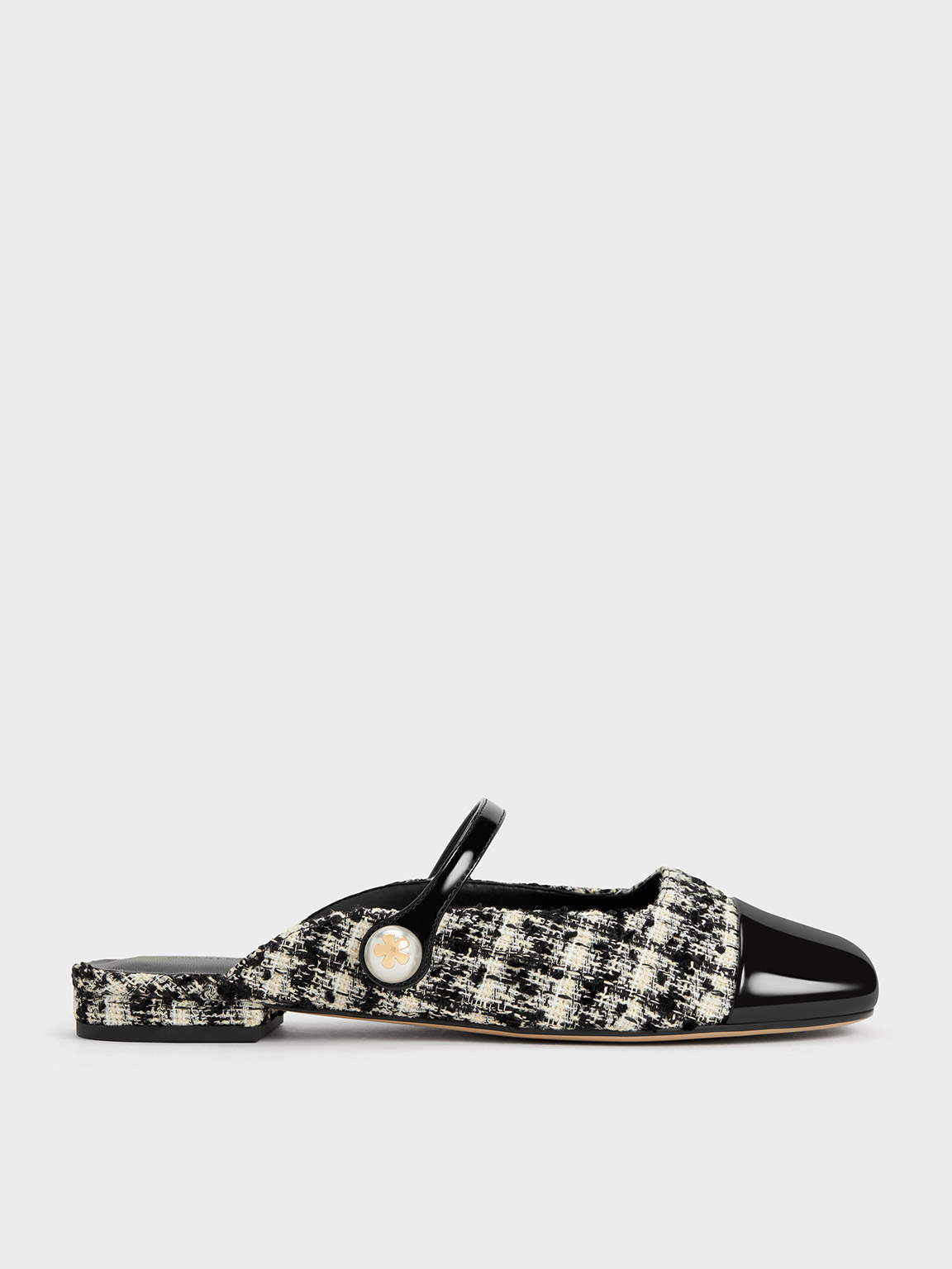 Charles & Keith Pearl Embellished Gingham Flat Mules In Black Textured