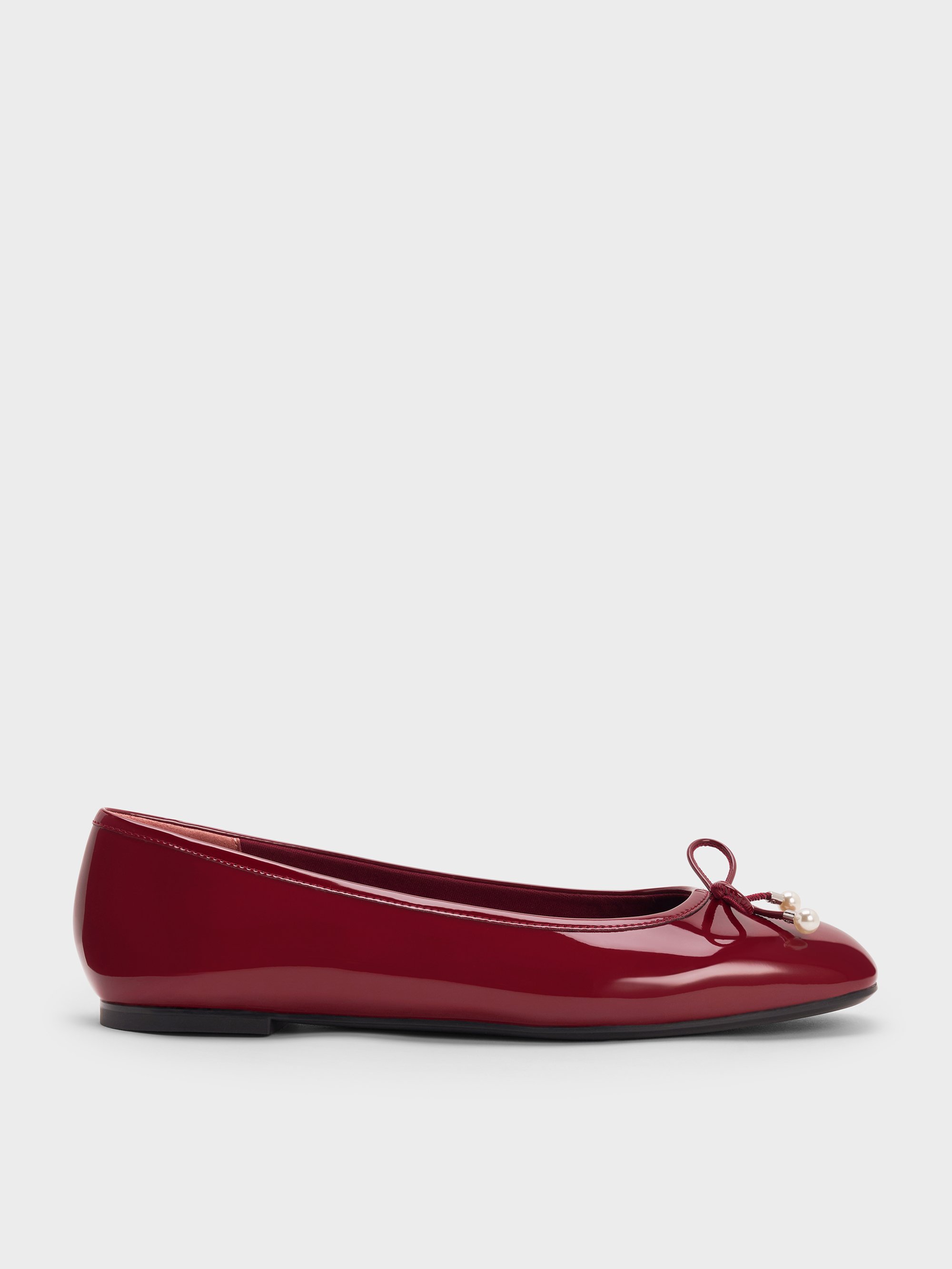 Charles & Keith - Barbara Patent Pearl-embellished Bow Ballet Flats In Burgundy
