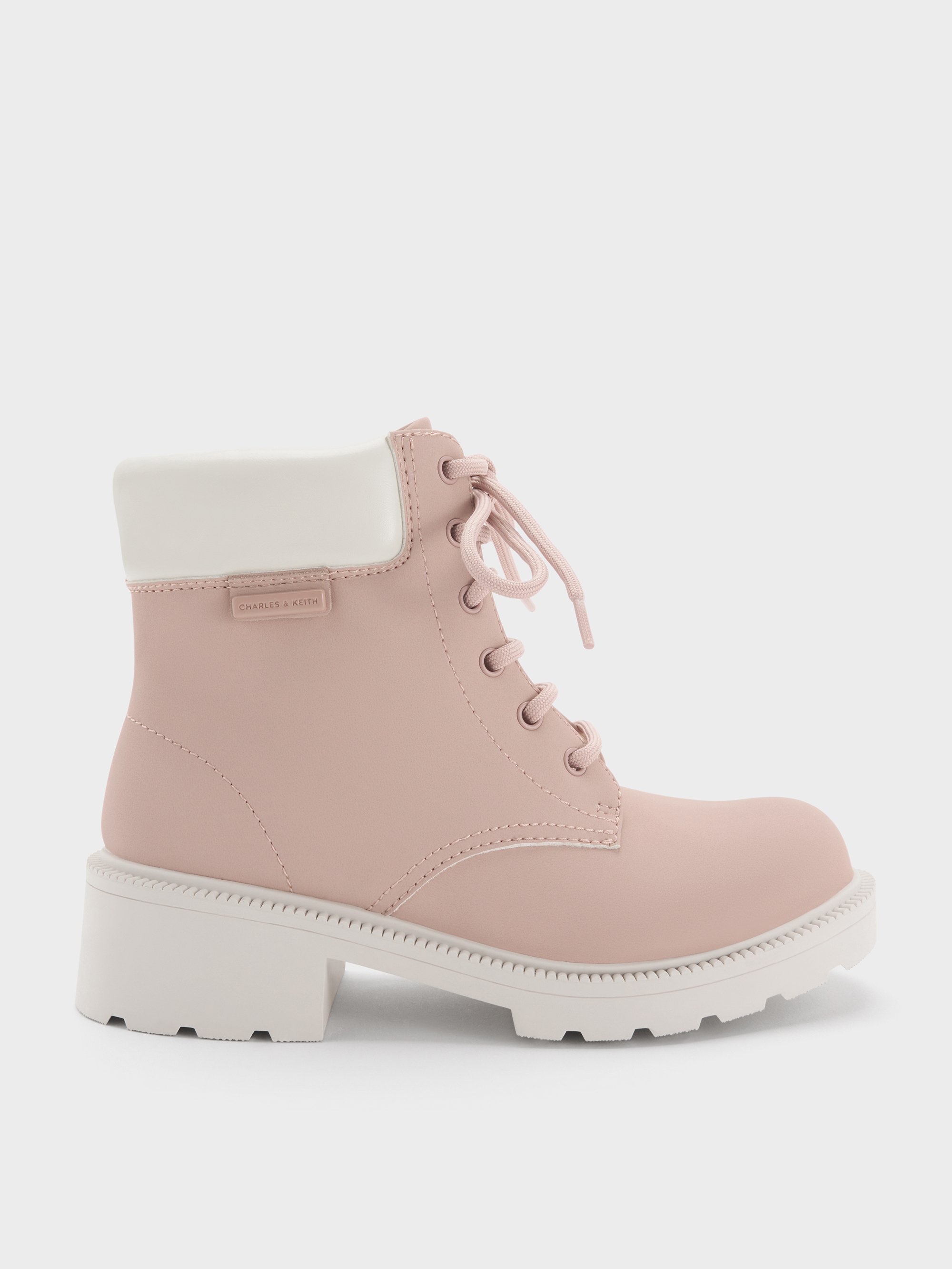 Charles & Keith - Girls' Side-zip Ridged-sole Lace-up Ankle Boots In Pink