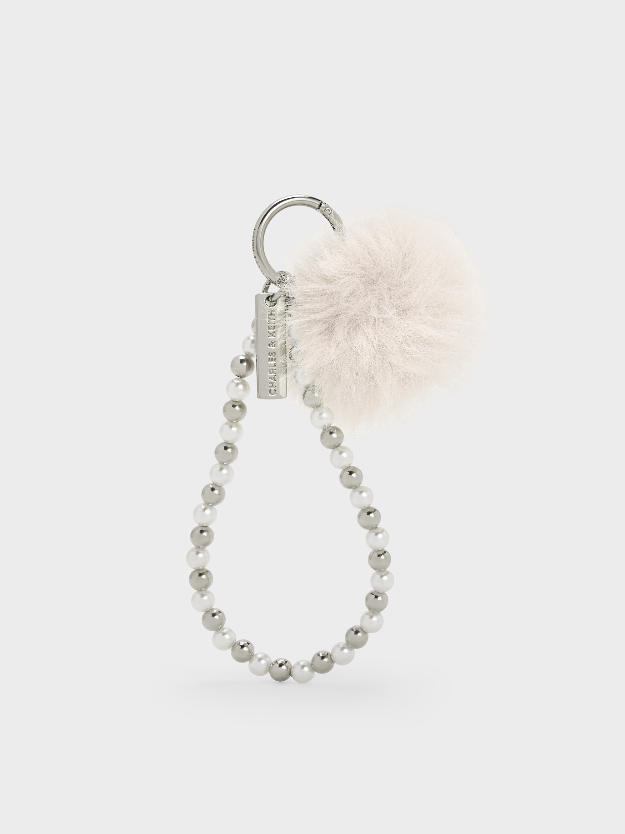 Charles & Keith - Pearl Beaded-strap Furry Ball Charm In White