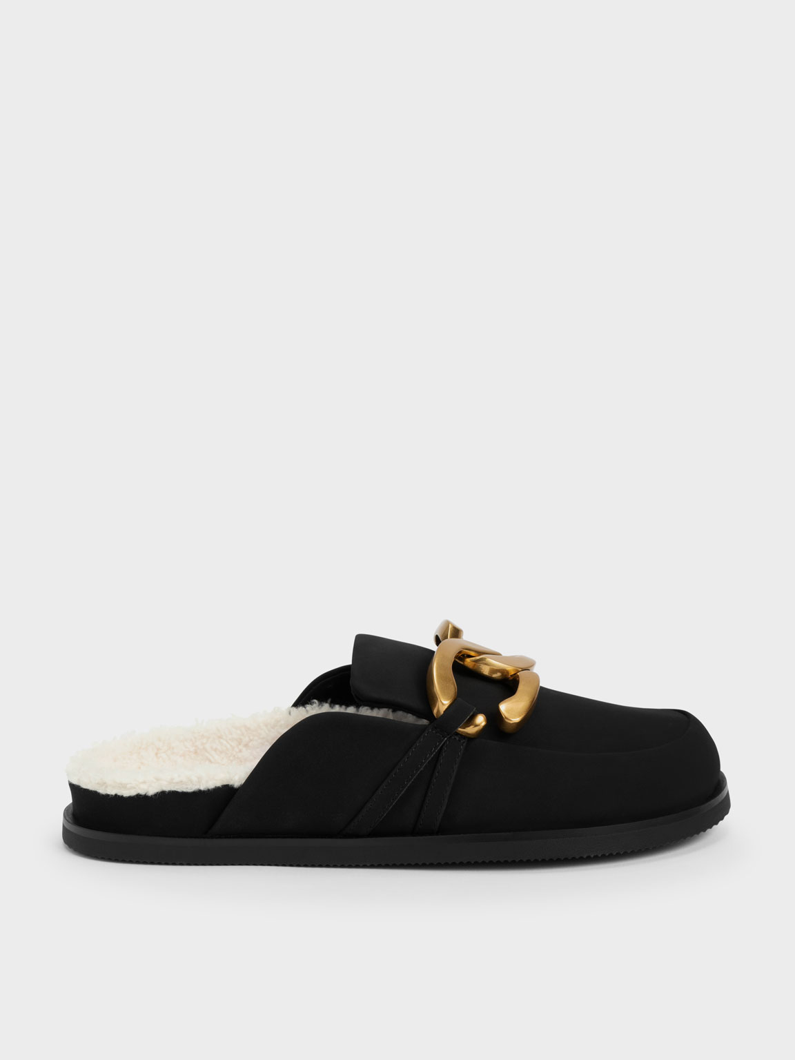 Black Metallic Accent Furry Loafer Mules | CHARLES & KEITH