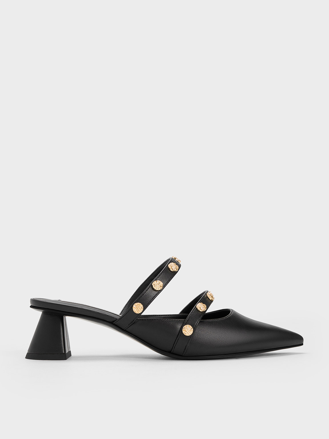 Black Studded Trapeze Heel Mules - CHARLES & KEITH International Black Studded Trapeze Heel Mules - CHARLES & KEITH International