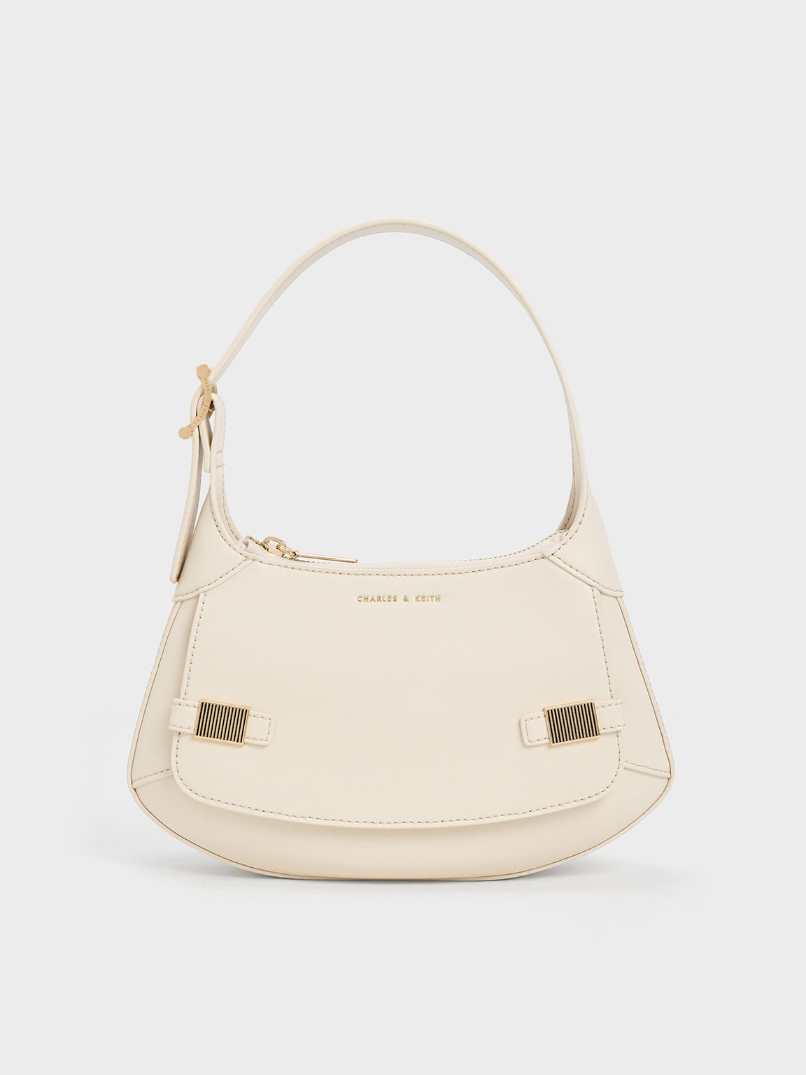 Charles & Keith Metallic-accent Curved Shoulder Bag In Chalk