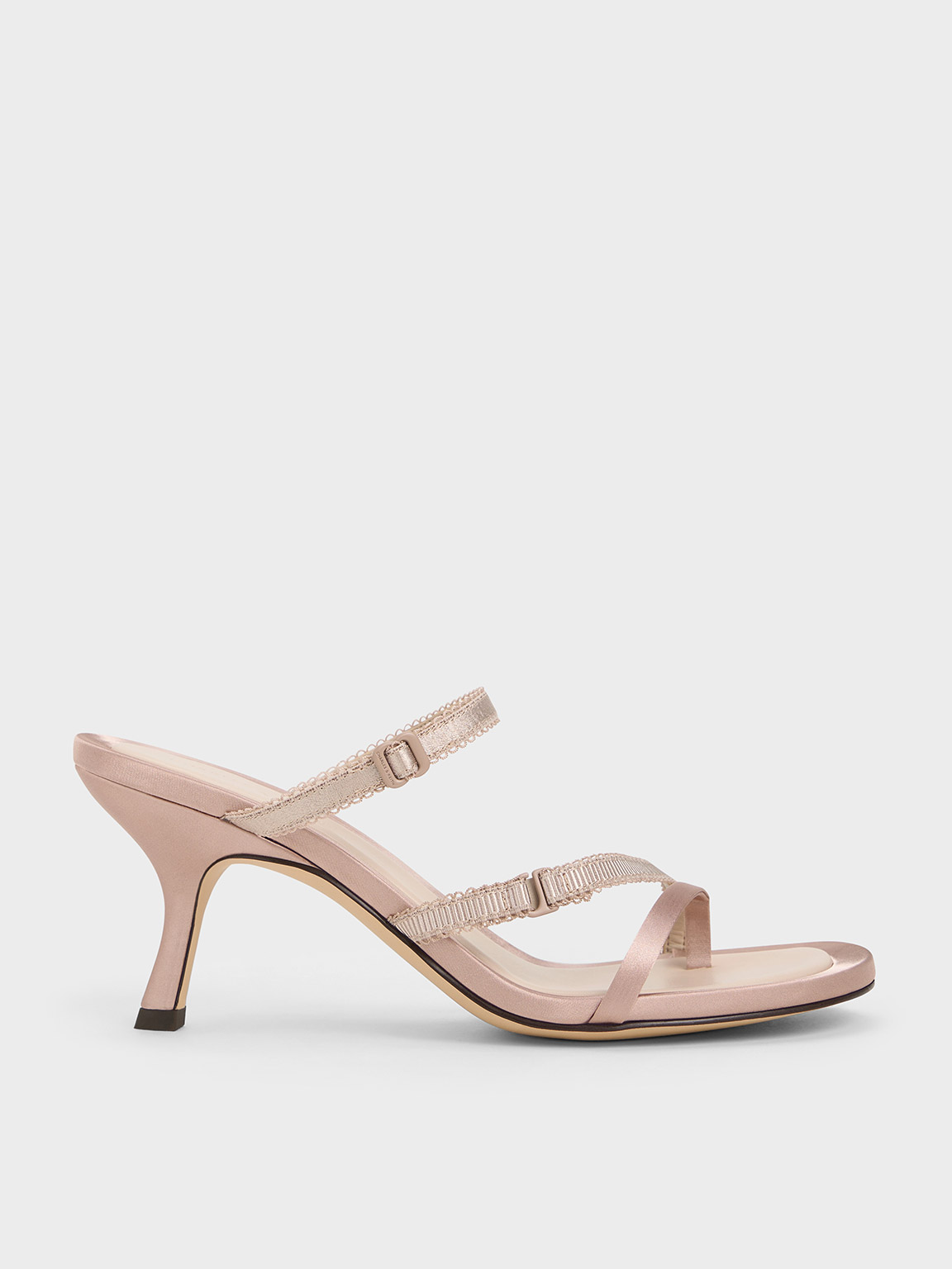 Charles & Keith Satin Strappy-lace Thong Sandals In Nude