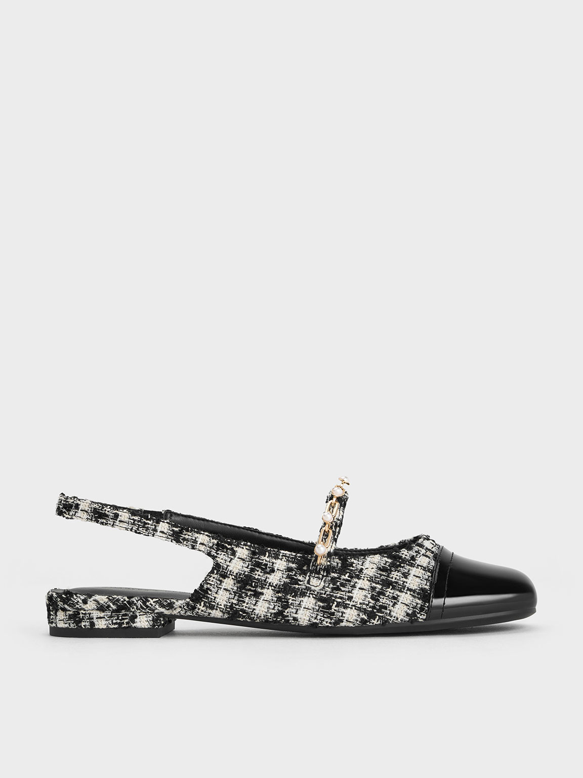 Charles & Keith Tweed Beaded Chain-link Slingback Flats In Black Textured