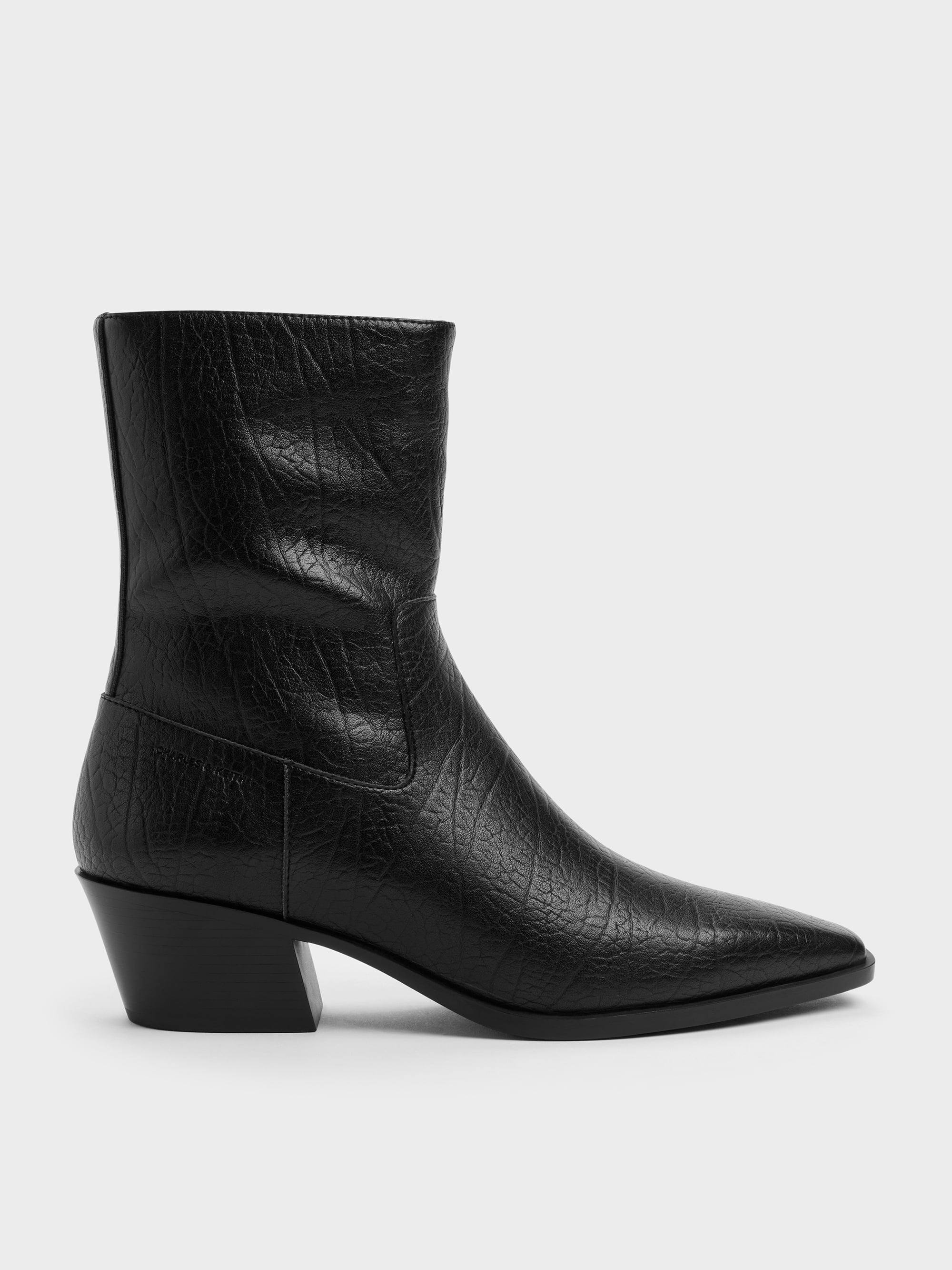 Charles & Keith - Crinkle-effect Tapered Ankle Boots In Black