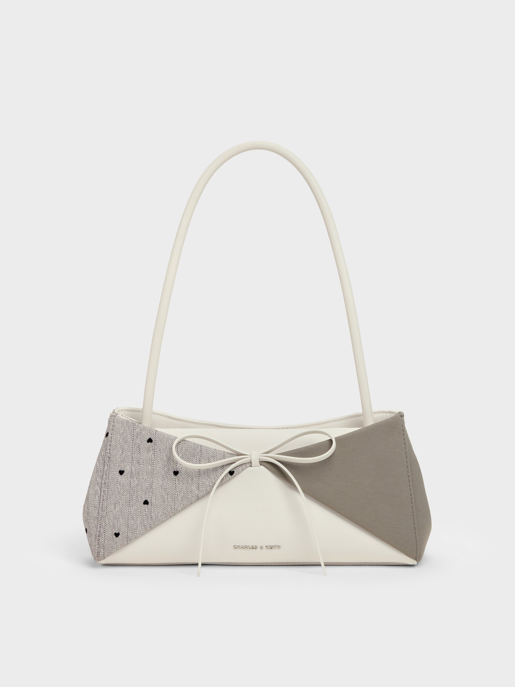 Hazel Heart-Print Bow Panelled Shoulder Bag - Taupe - CHARLES