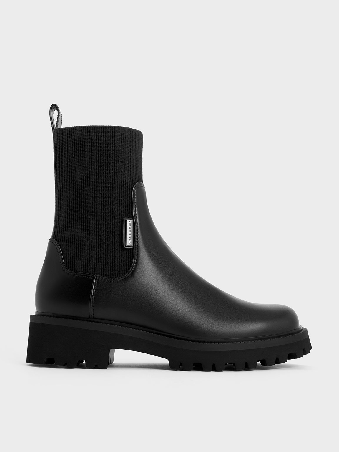 Charles & Keith Knitted Sock Ridge-sole Chelsea Boots In Black