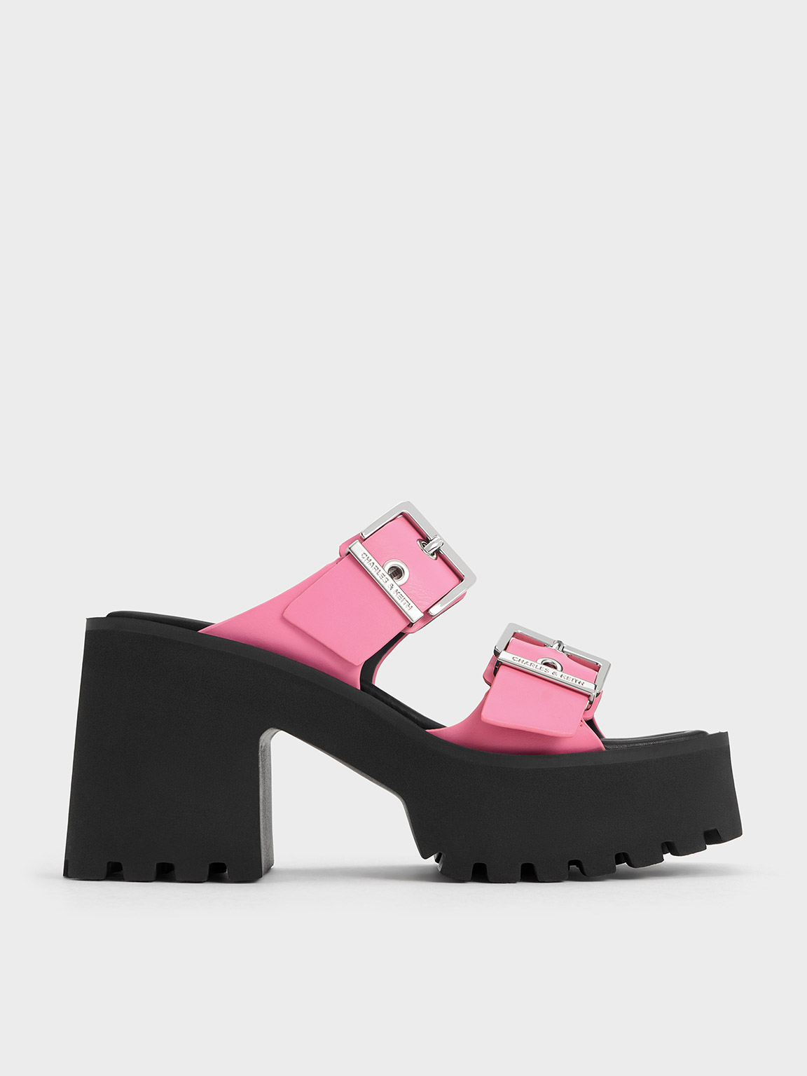 Charles & Keith Trill Grommet Double-strap Platform Mules In Pink