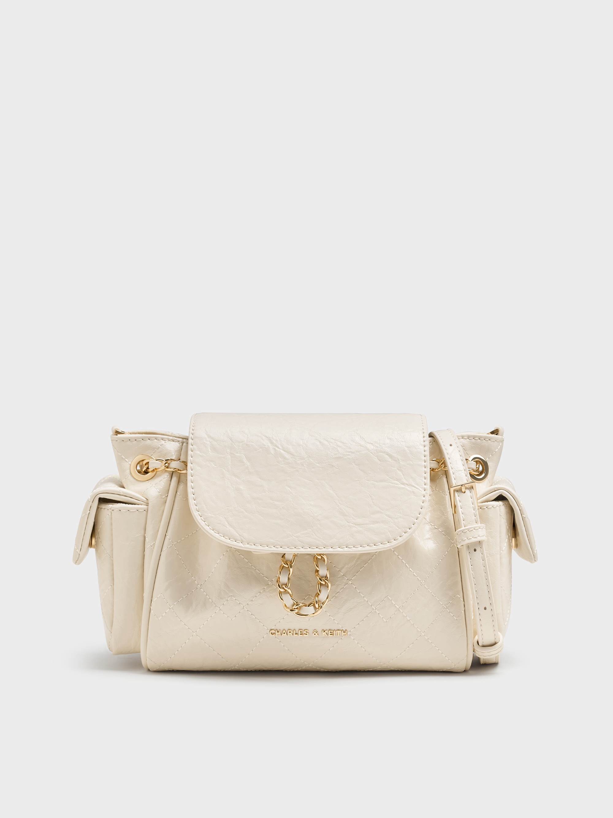 CHARLES & KEITH 2way バック Cream Duo Quilted Two-Way Front Flap Backpack - CHARLES