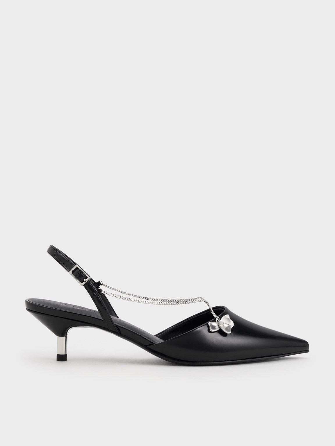 Charles & Keith Flower-accent Chain-link Kitten-heel Pumps In Black Box