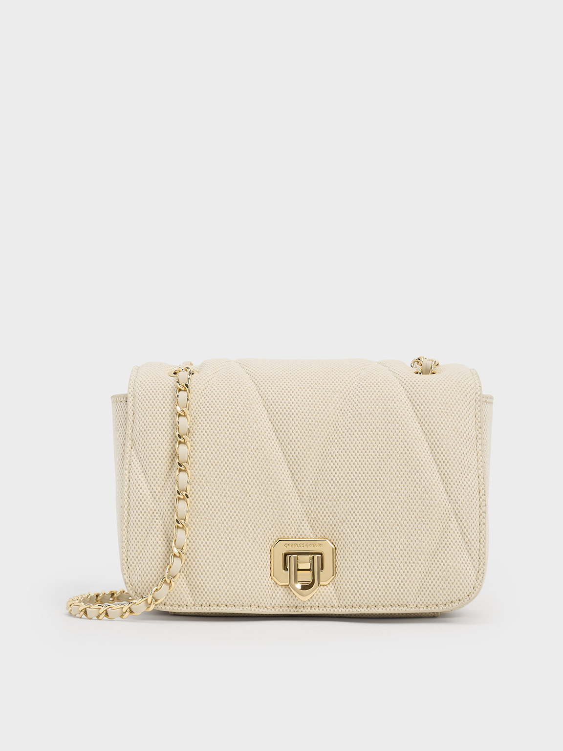 Charles & Keith Arwen Canvas Quilted Shoulder Bag In Neutral