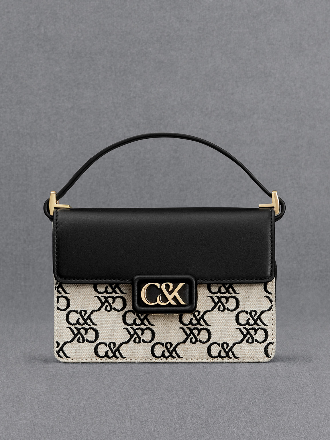 Black Leather & Canvas Monogram Boxy Bag - CHARLES & KEITH KR