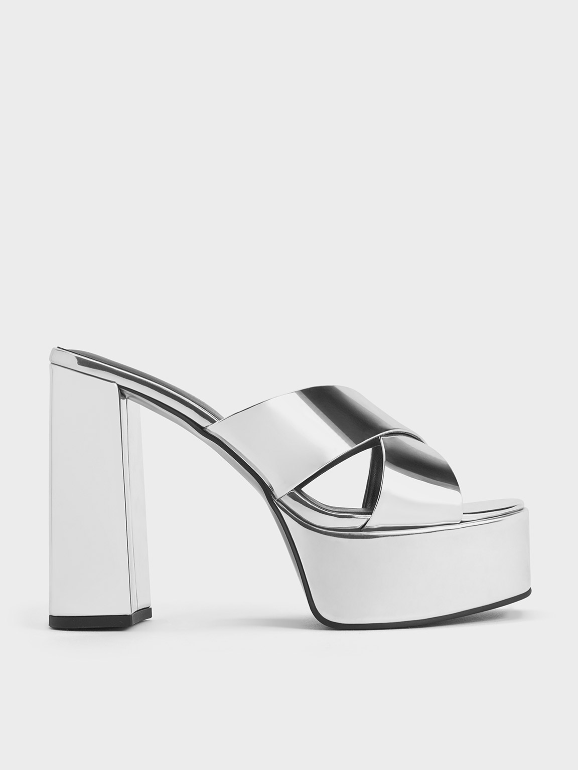 Charles & Keith Metallic Crossover Strap Platform Mules In Silver