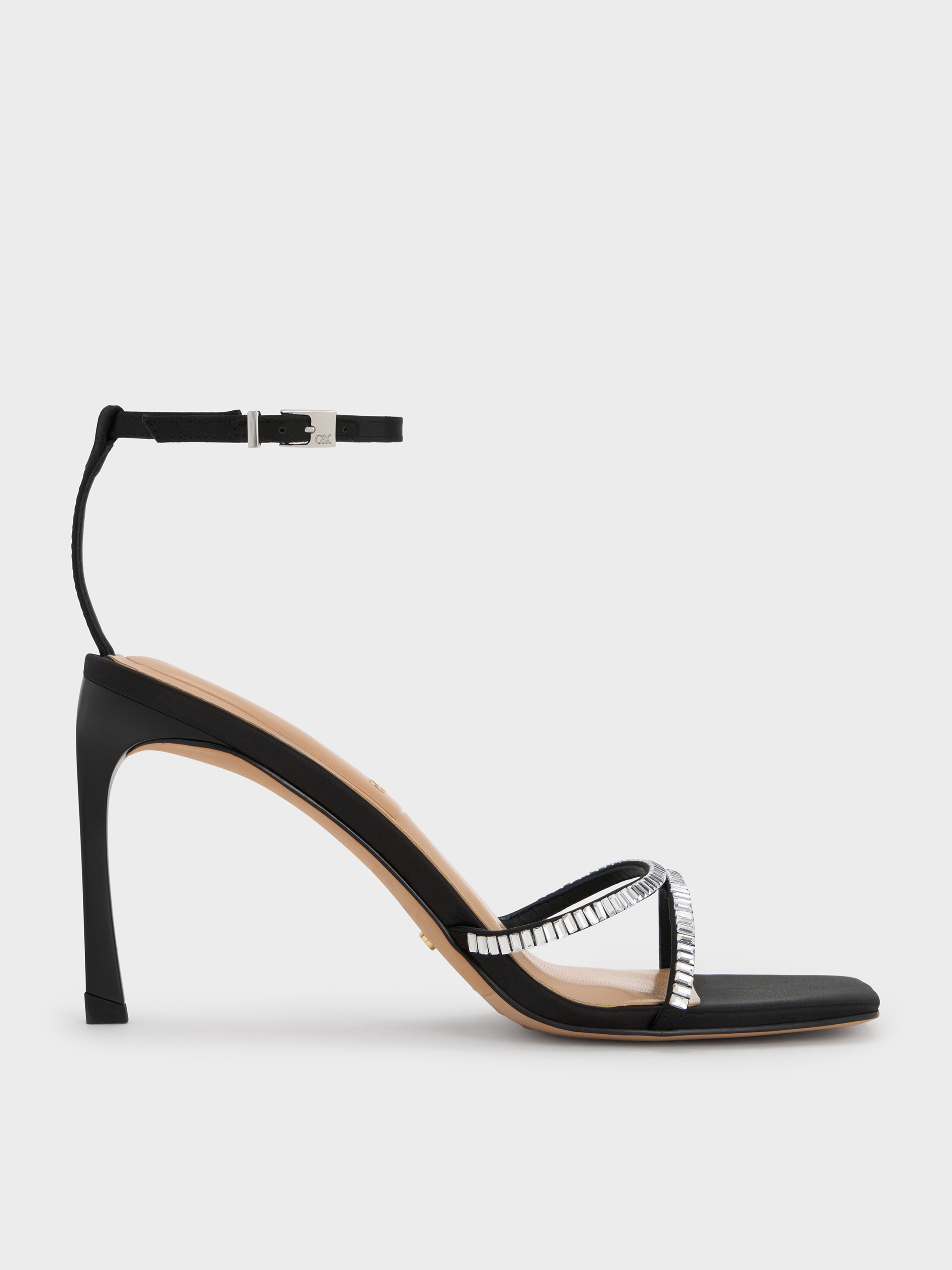 Charles & Keith - Recycled Polyester Crystal-embellished Ankle-strap Sandals In Black Textured
