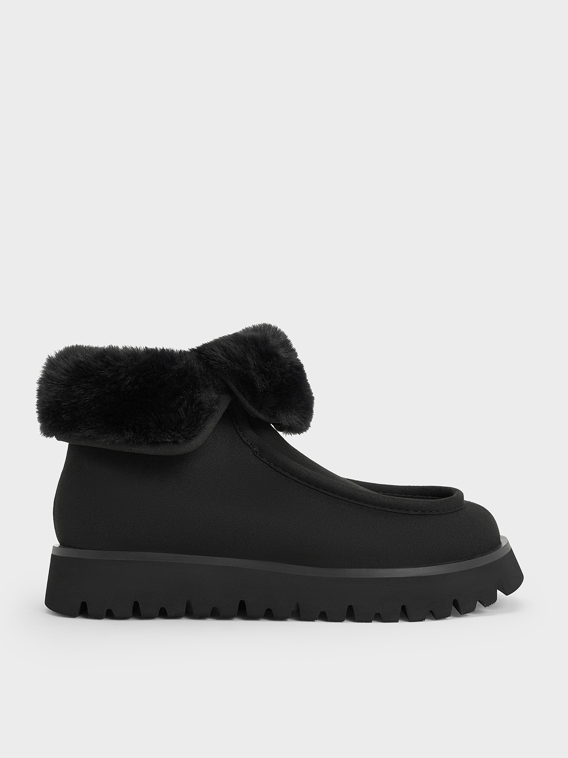 Charles & Keith - Textured Fur-lined Ridged-sole Ankle Boots In Black