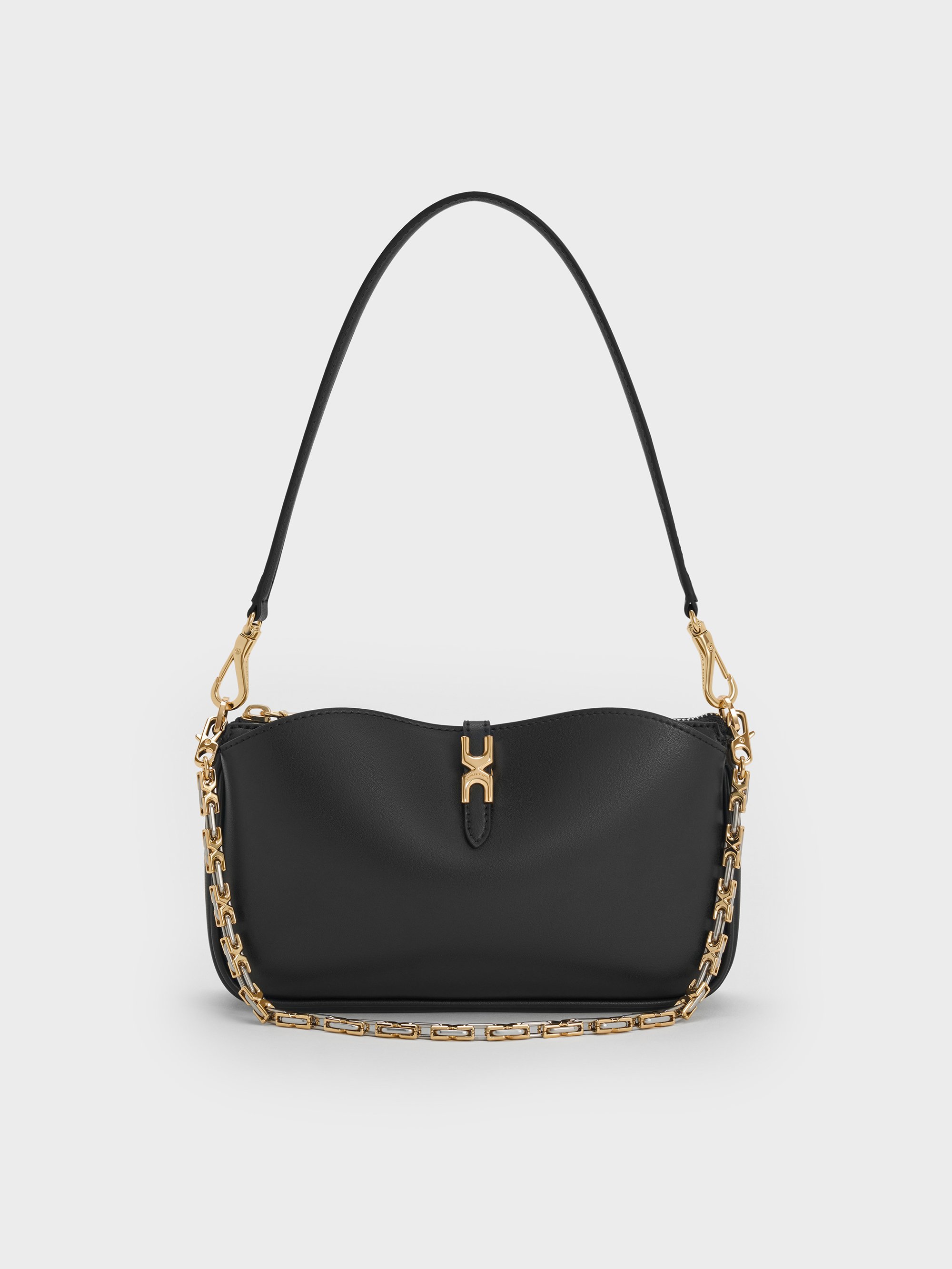 Charles & Keith - Adalyn Metallic-buckle Chain-handle Shoulder Bag In Black