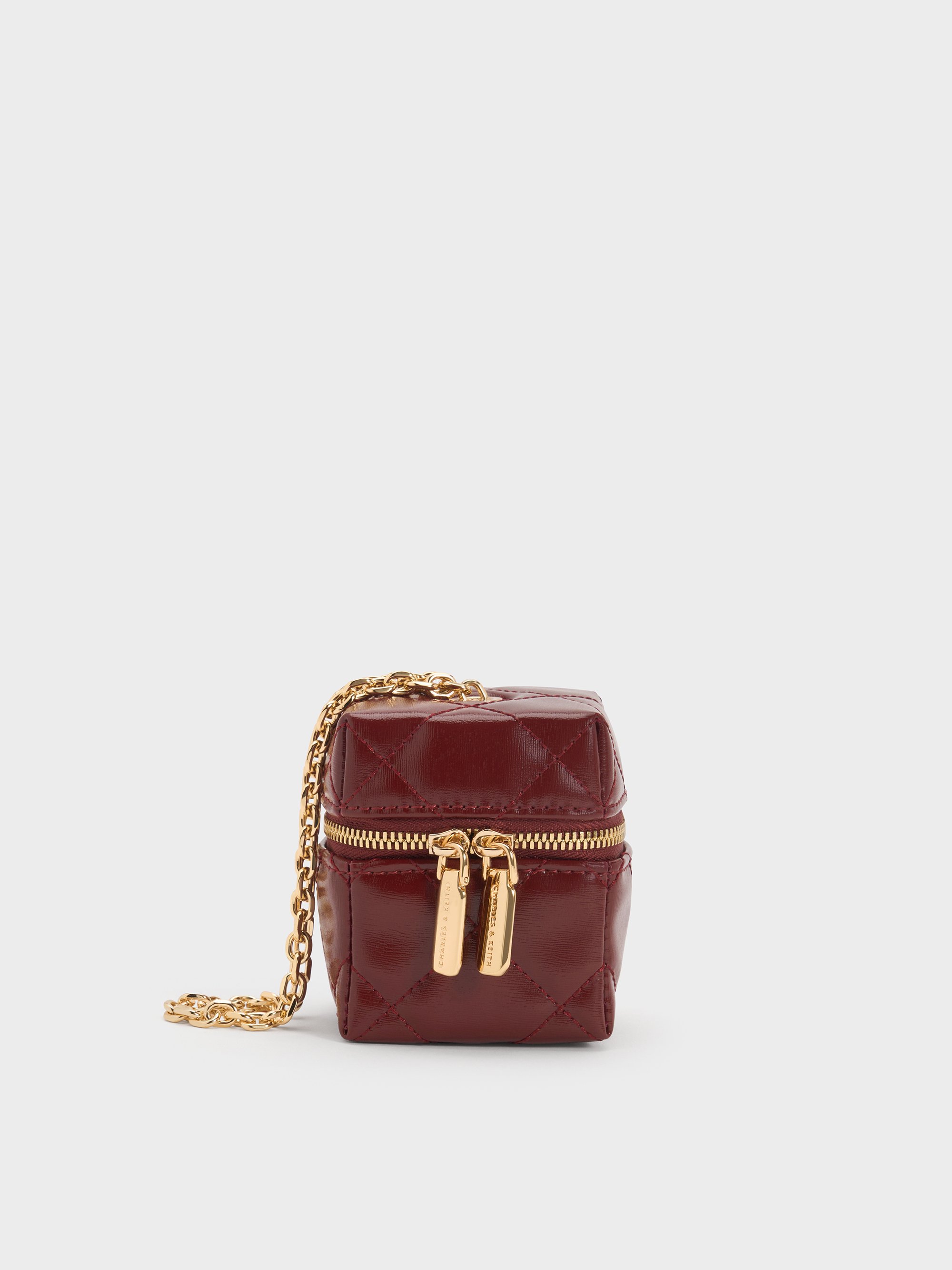 Charles & Keith - Janie Metallic Quilted Chain-handle Micro Bag In Burgundy