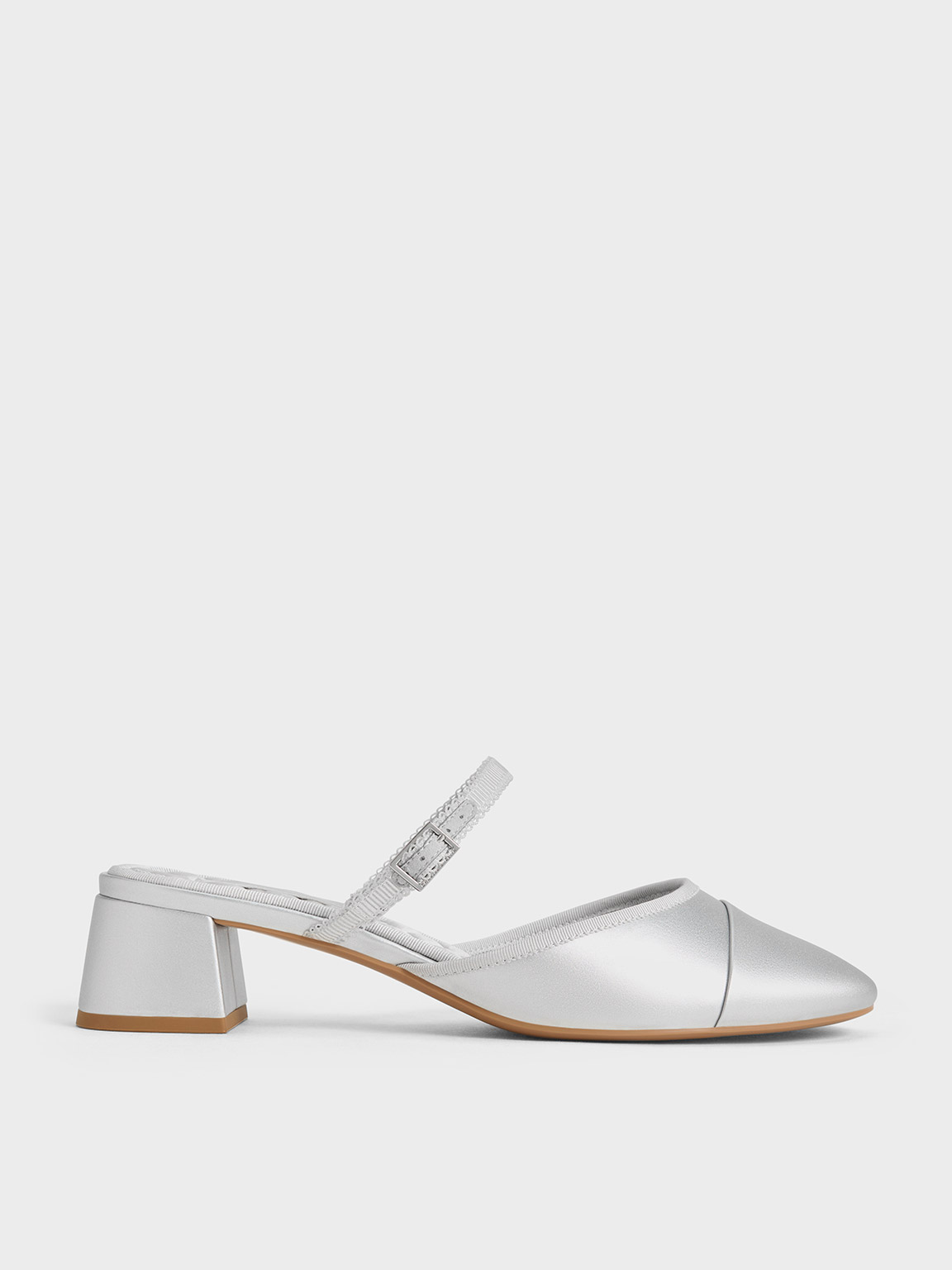 Silver Buckled-Strap Trapeze-Heel Mules - CHARLES & KEITH