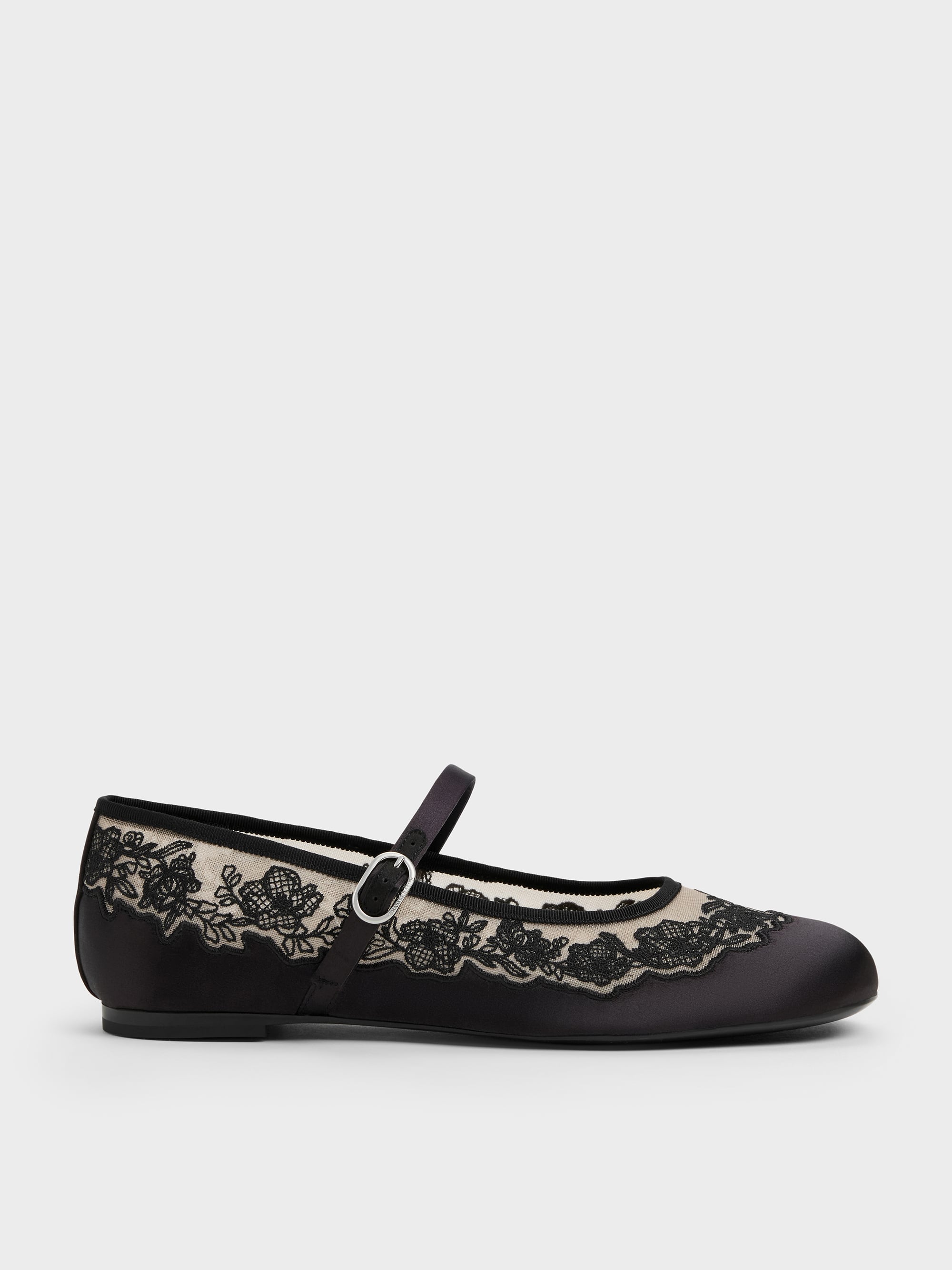 Satin Embroidered-Mesh Mary Jane Flats - Black Textured - CHARLES