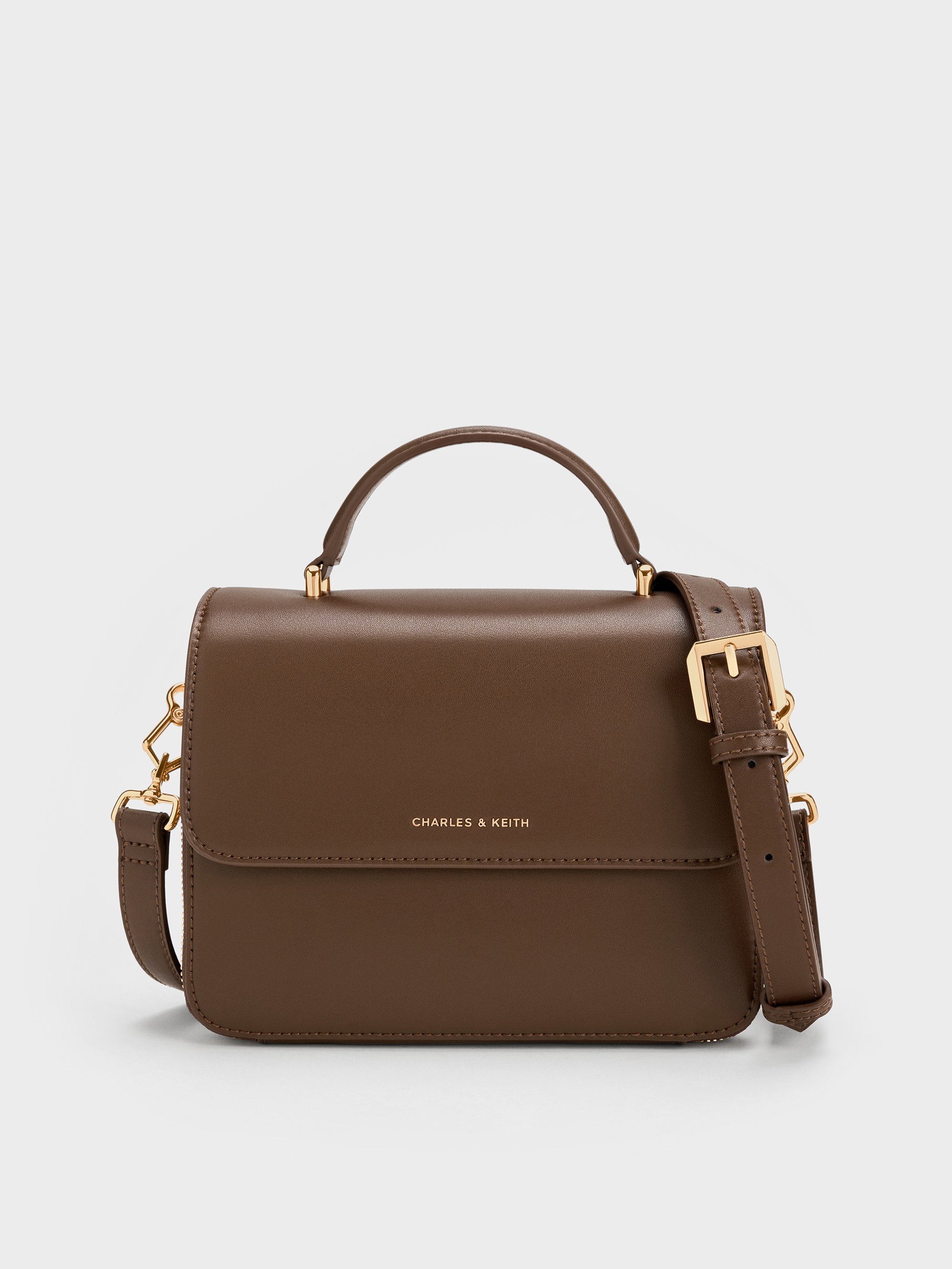 Octavia Front Flap Top Handle Bag - Dark Brown - CHARLES & KEITH CA