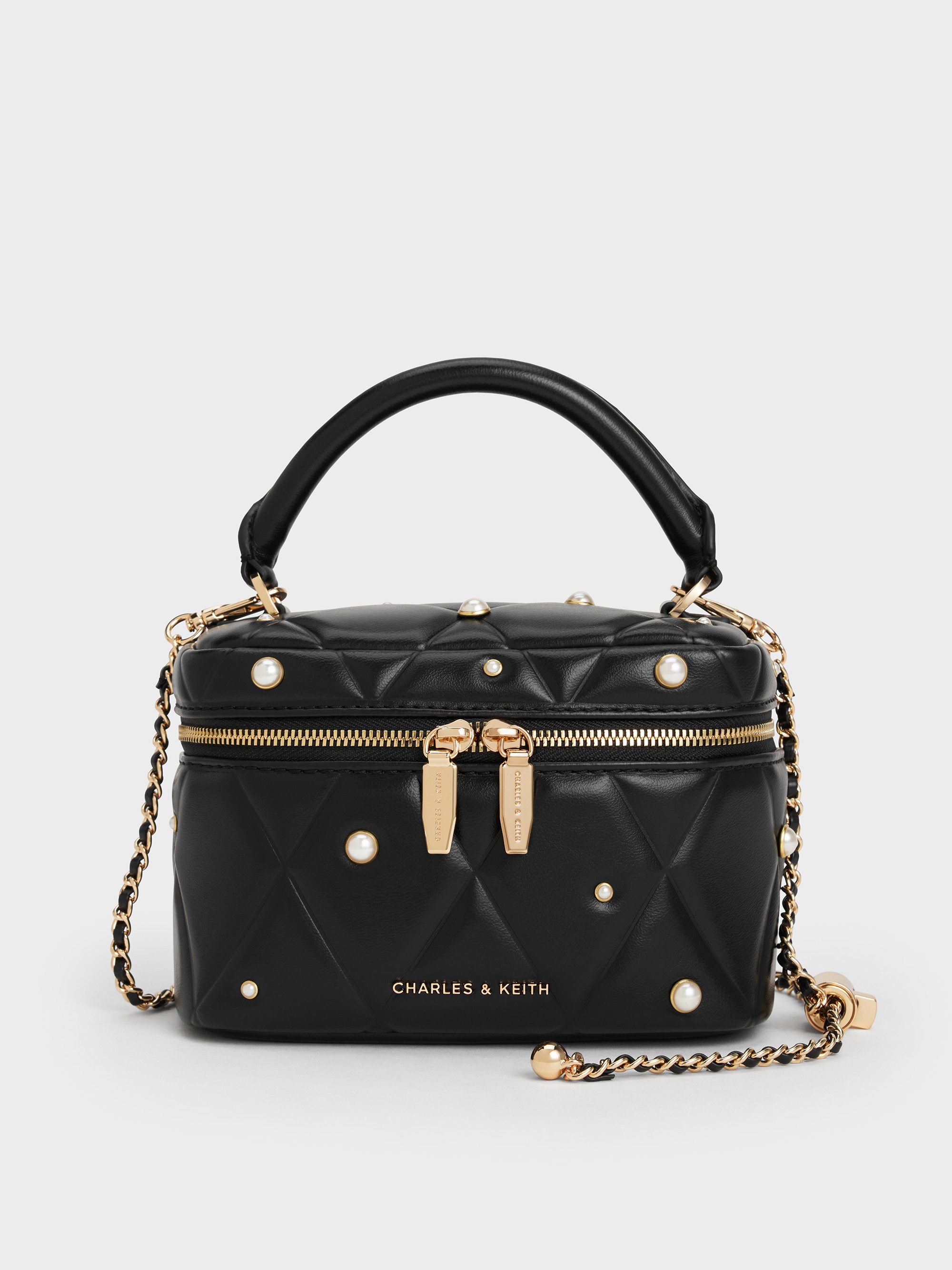 Charles & Keith - Arwen Quilted Pearl-embellished Top Handle Vanity Bag In Black
