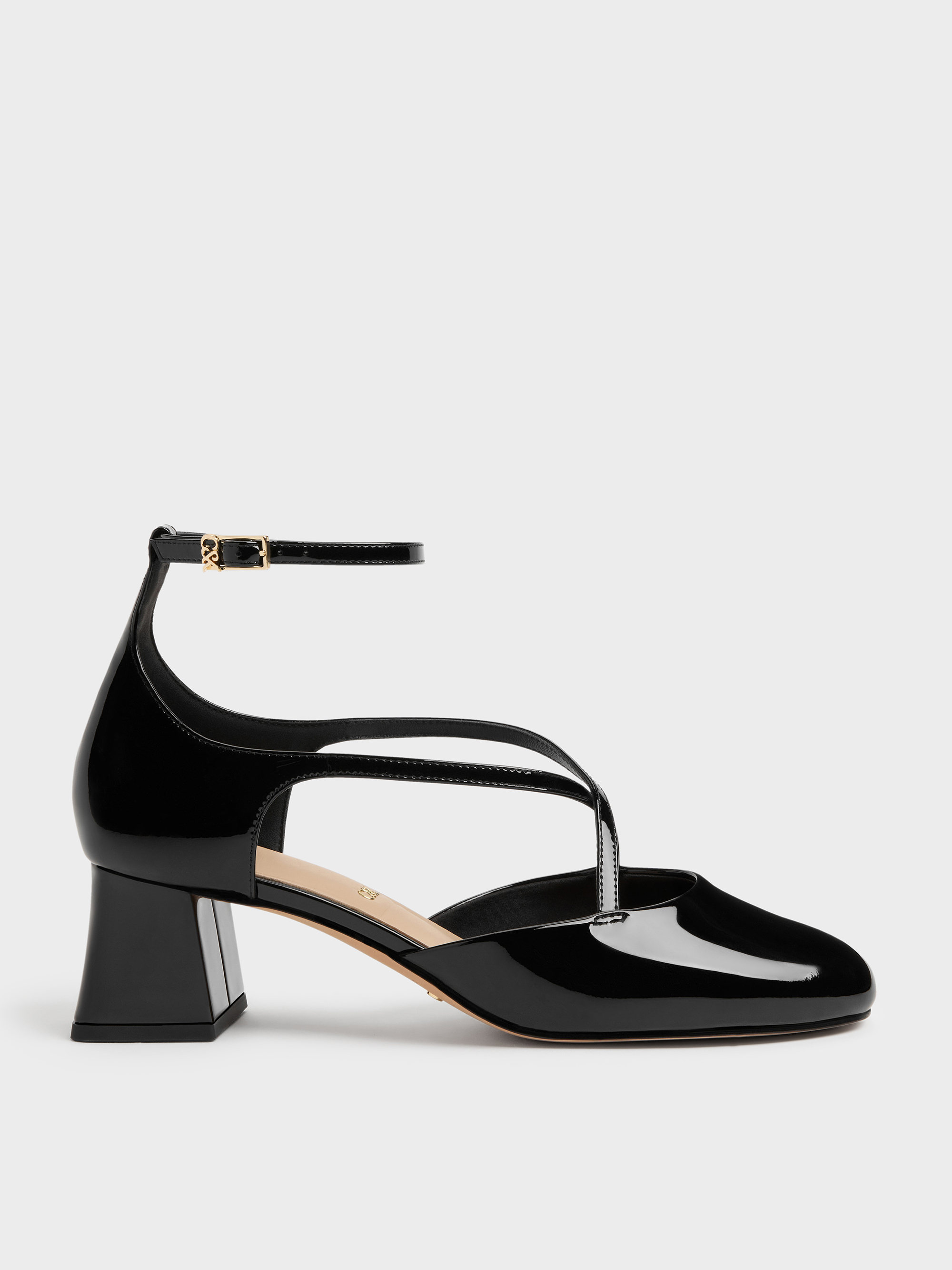 Patent Leather Crossover Pumps - Black Patent - CHARLES & KEITH KR